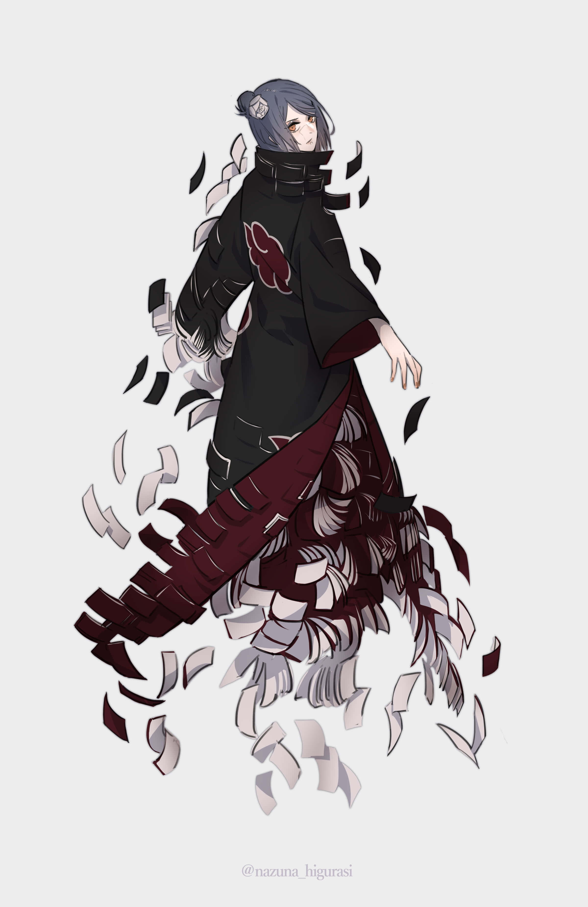 Konan 桌布 壁紙 — 灰色頭髮、身穿飾有紅色雲紋的黑色斗篷的動漫角色，被漂浮的紙片環繞。
