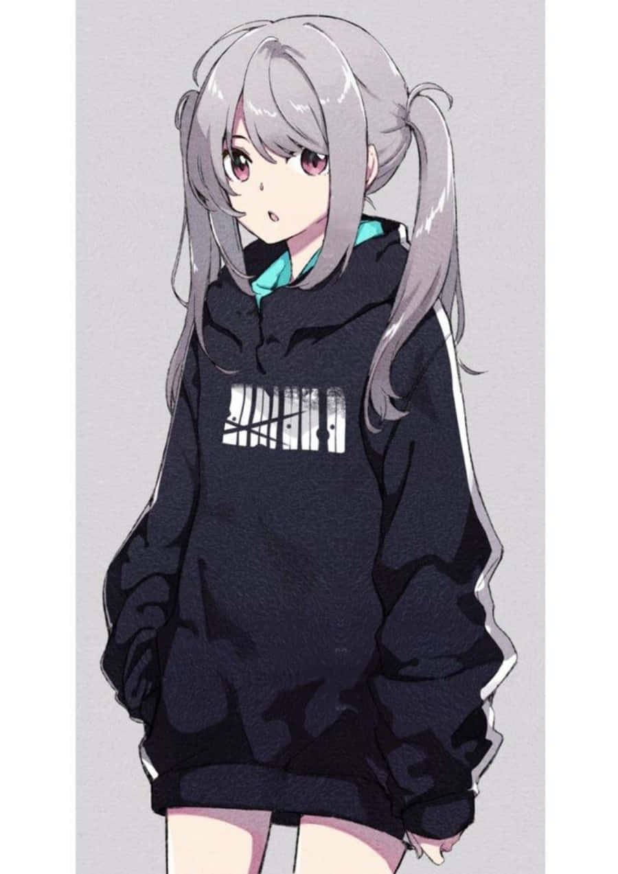 灰色頭髮的女孩穿著黑色連帽衫 壁紙