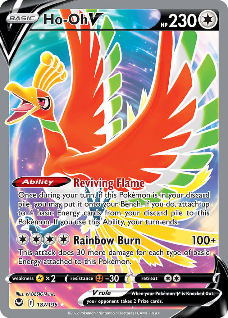 灰色鳳凰收藏卡 壁紙 — 一張帶有彩虹翅膀的火熱 Ho-Oh V 寶可夢卡牌，在宇宙星空背景中翱翔。