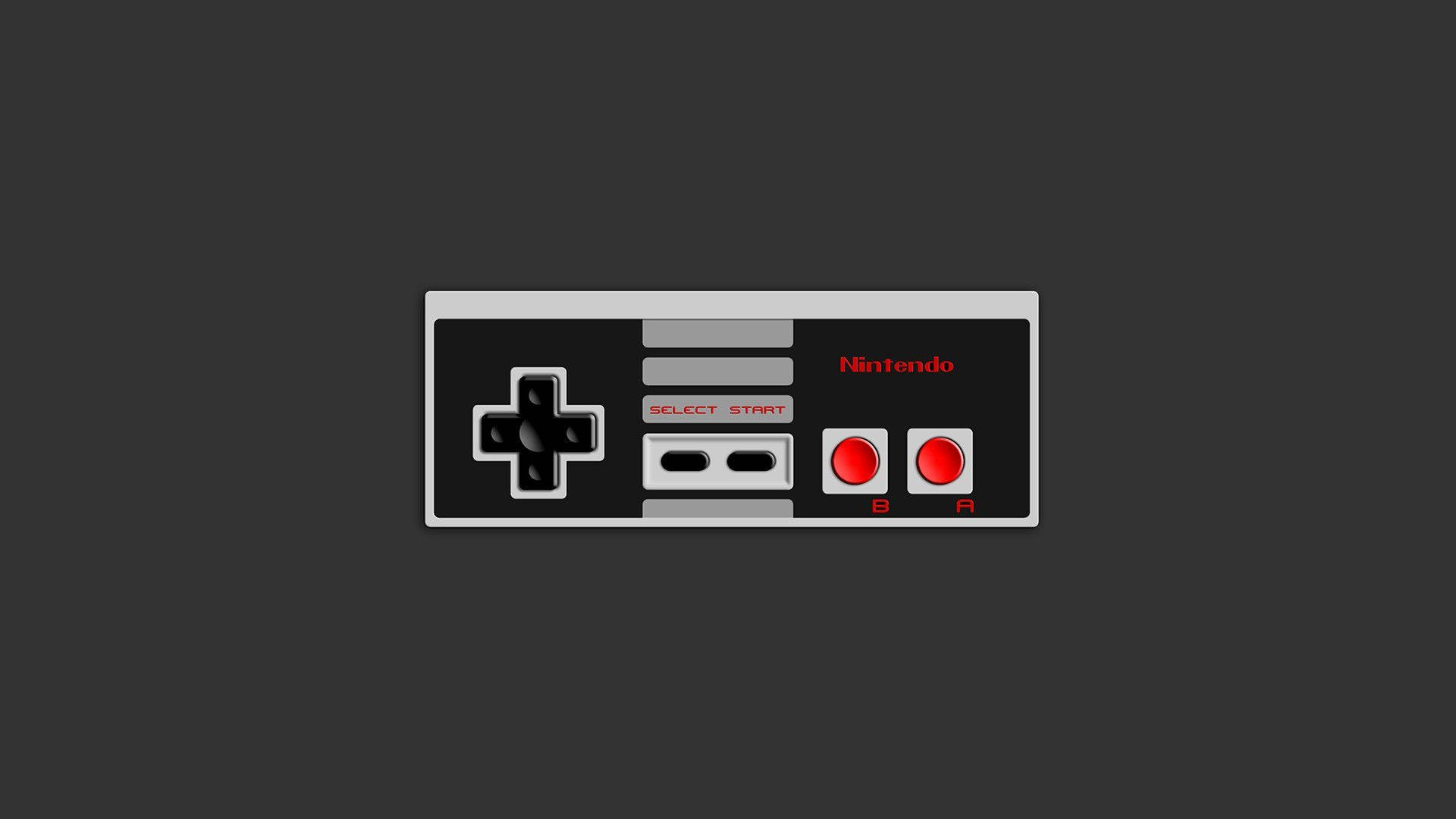 灰調 NES 黑色控制器 壁紙 — 一個經典的黑色和紅色Nintendo Entertainment System控制器，居中放置在深灰色背景上。