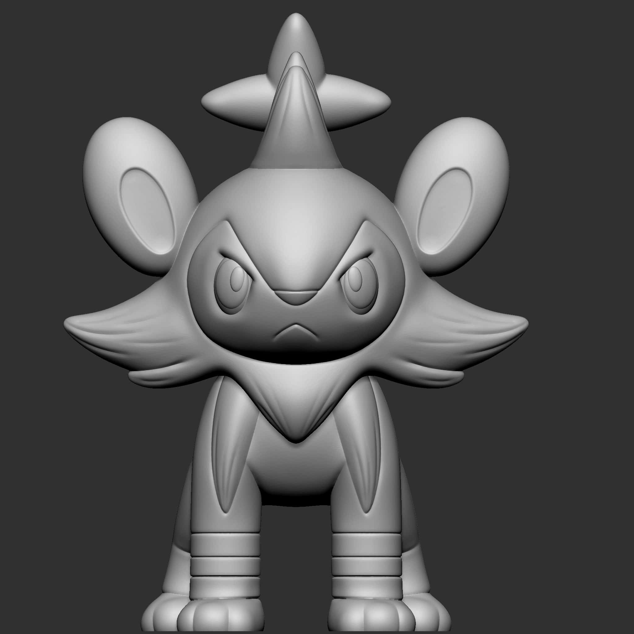 灰調Luxio寶可夢3D模型 壁紙 — 一個灰階3D渲染的雕塑，描繪一個風格化的鼠類生物，有大耳朵和憤怒的表情。
