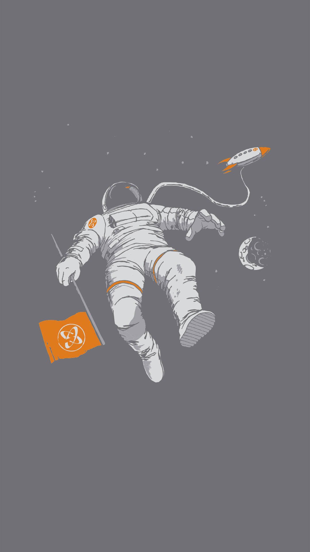 灰調太空中的宇航員 壁紙 — 一名太空人在太空漂浮，手持橙色旗幟，背景有火箭和月亮。
