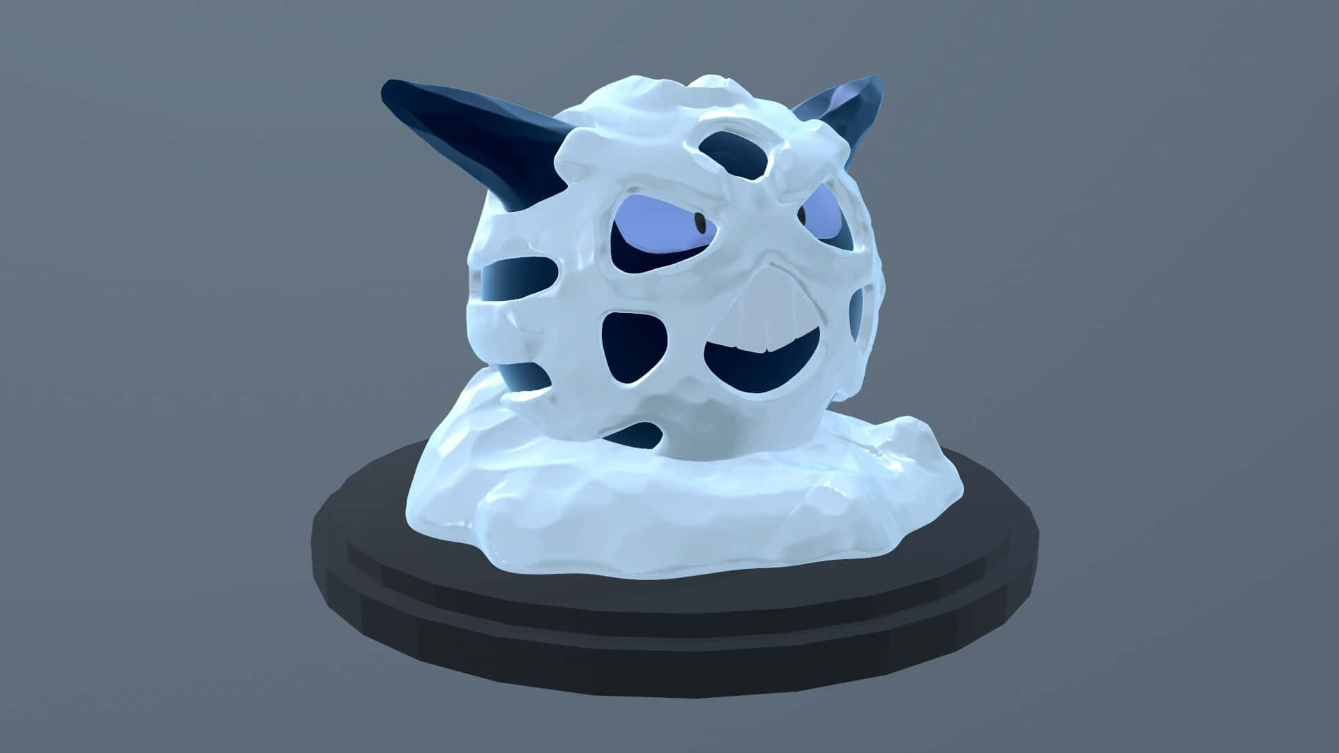 灰調背景Glalie 3D模型桌面壁紙 壁紙 — 一個風格化的白色雪怪頭部，有藍色眼睛和角，坐在黑色底座上，背景為灰色。