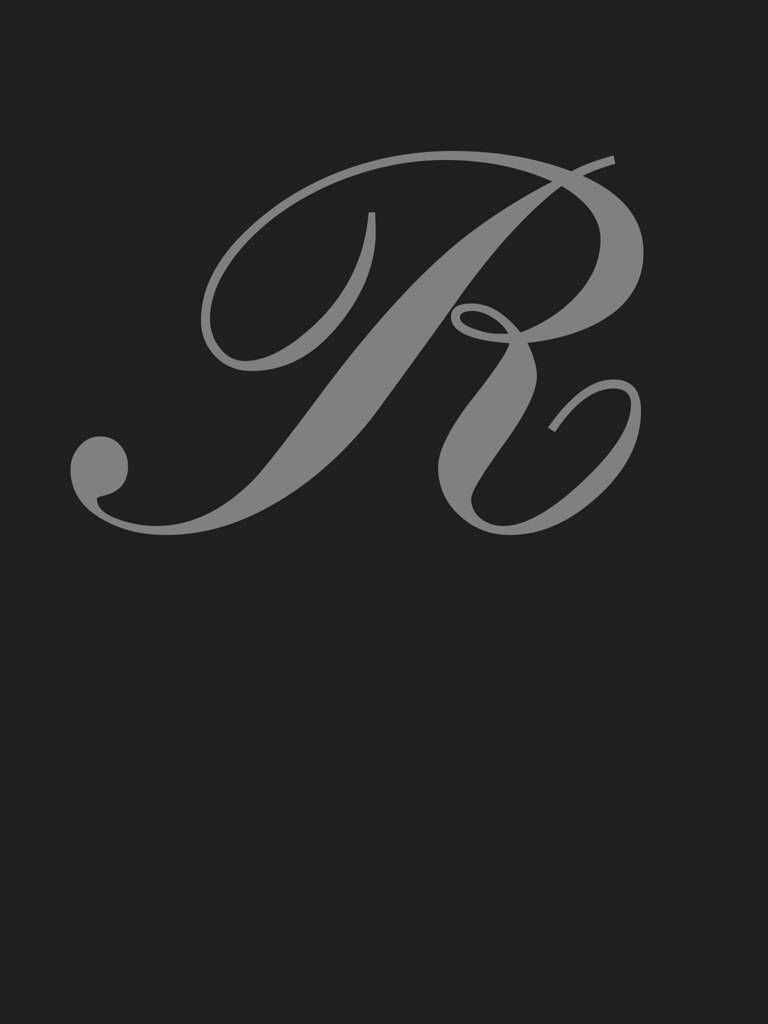 灰調草書字母R 壁紙 — 一個大型優雅的灰色草書字母R，居中放置在純深灰色背景上。