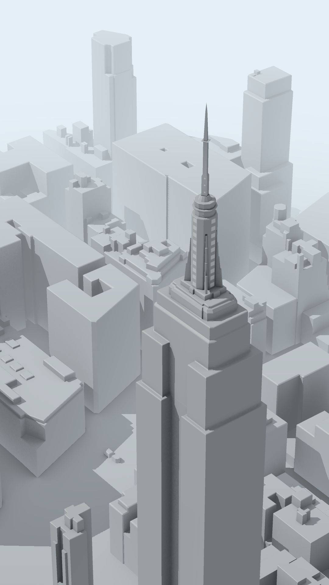 單色3D渲染，呈現風格化的城市，中央有一座摩天大樓。 — 3D iPhone 壁紙 壁紙