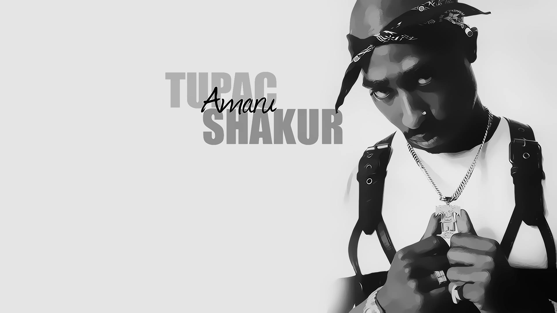 黑白肖像中的 Tupac Shakur 手持鏈條項鍊。