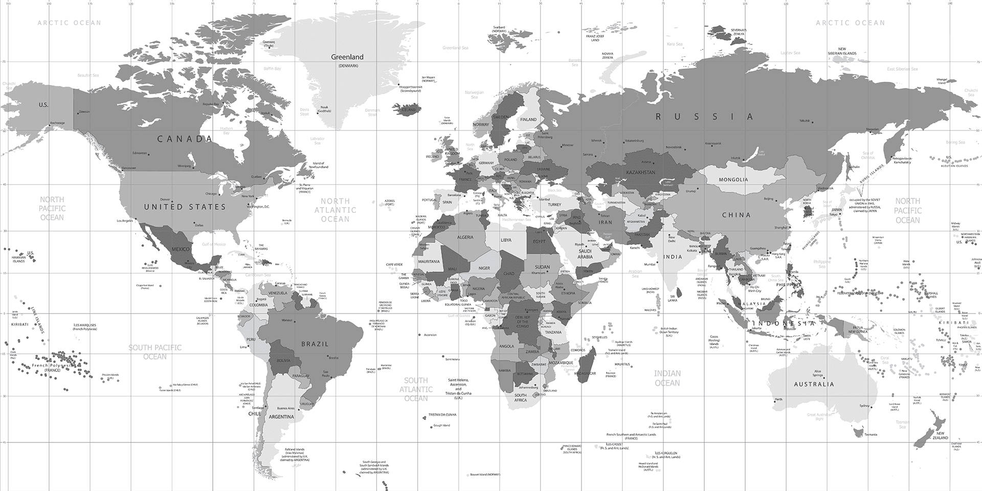 灰色世界地圖，顯示大陸和國家，帶有標籤和網格線。