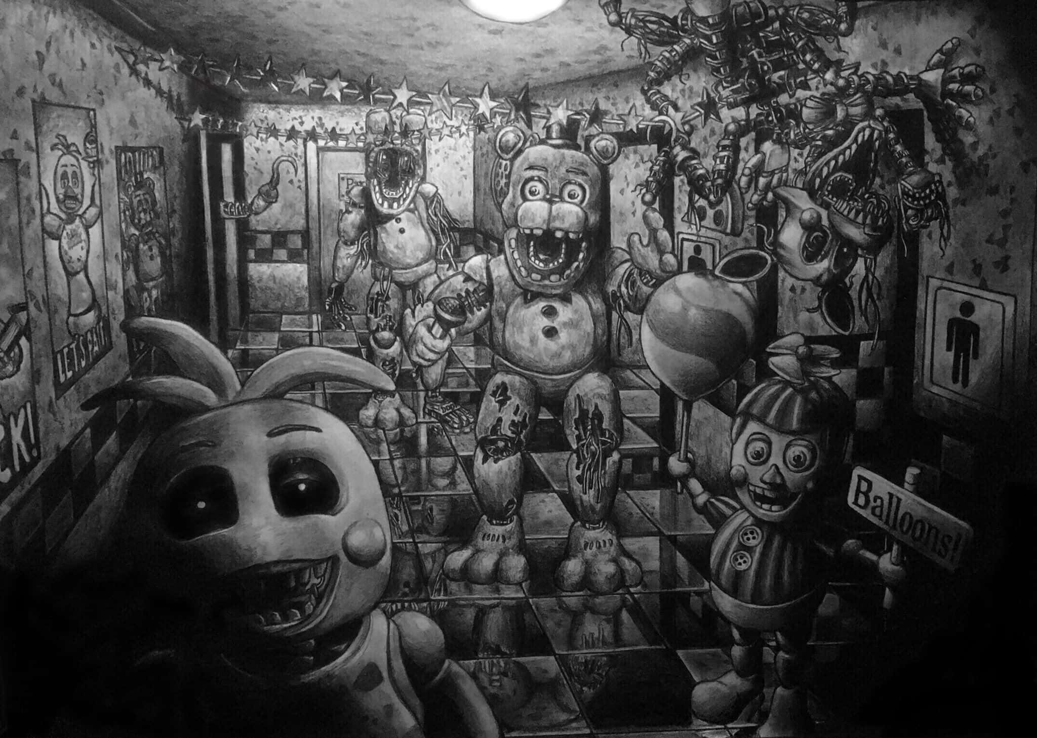 灰階恐懼 FNAF 圖片 壁紙 — 一幅令人毛骨悚然的黑白畫，描繪了在破舊兒童遊戲室中的電子動畫角色，地板是棋盤格，並有星星裝飾。
