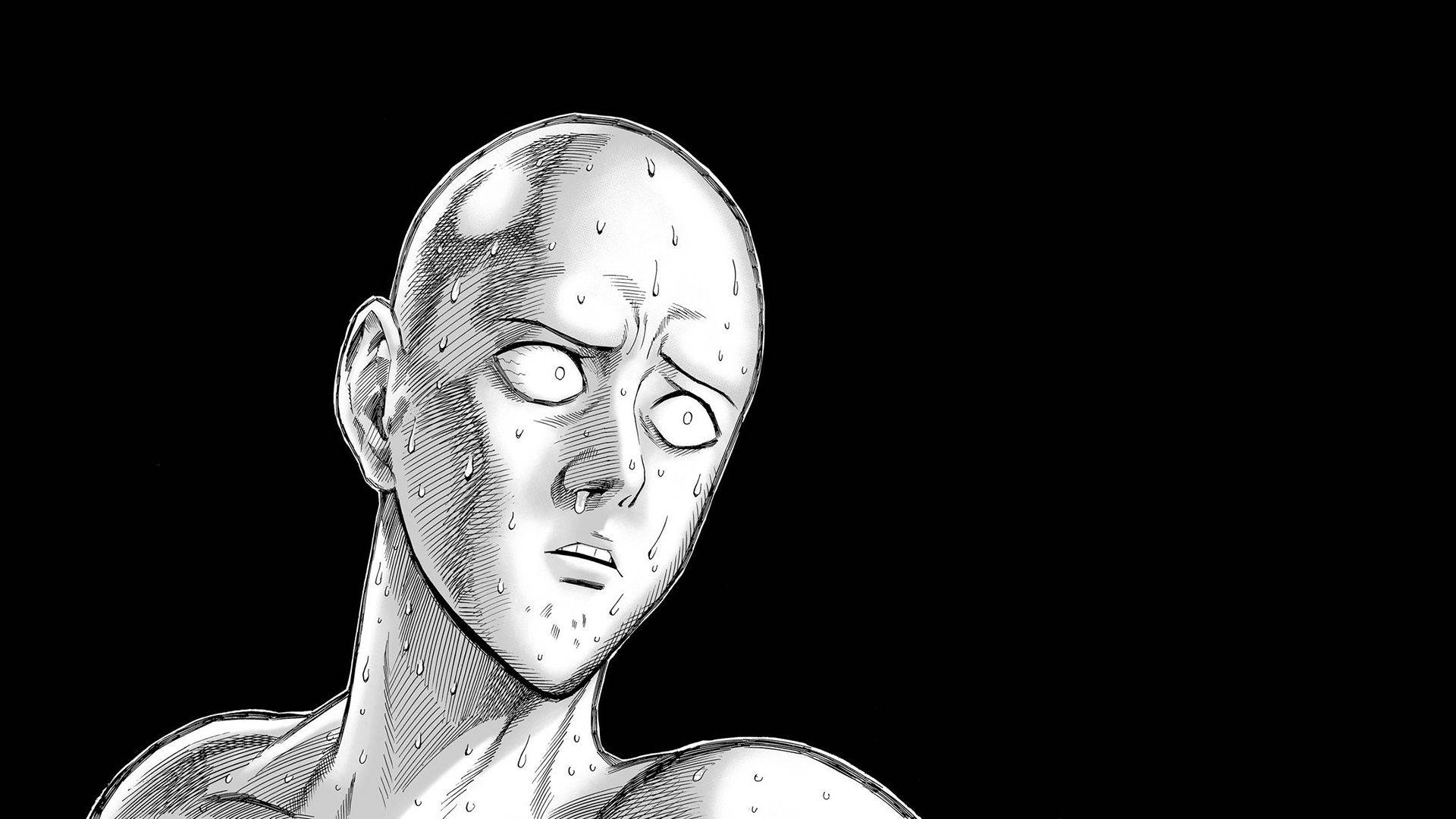 灰階搞笑動畫《一拳定乾坤》中的埼玉 壁紙 — 一個光頭動漫角色，汗水順著臉頰滴落，背景是純黑色。