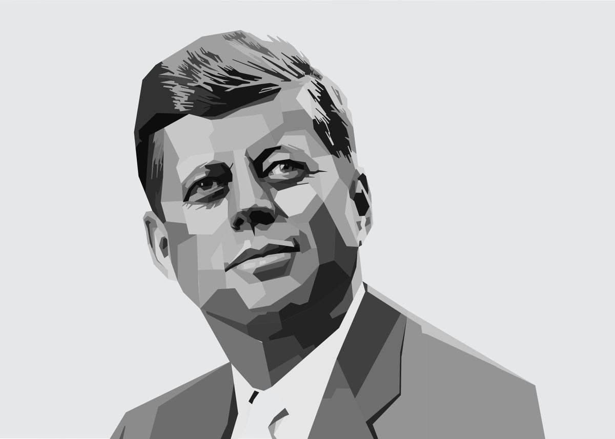 灰階藝術：約翰·肯尼迪 壁紙 — 約翰·F·甘迺迪的風格化幾何肖像，以灰階呈現，帶有銳利的角度陰影，背景為純色。