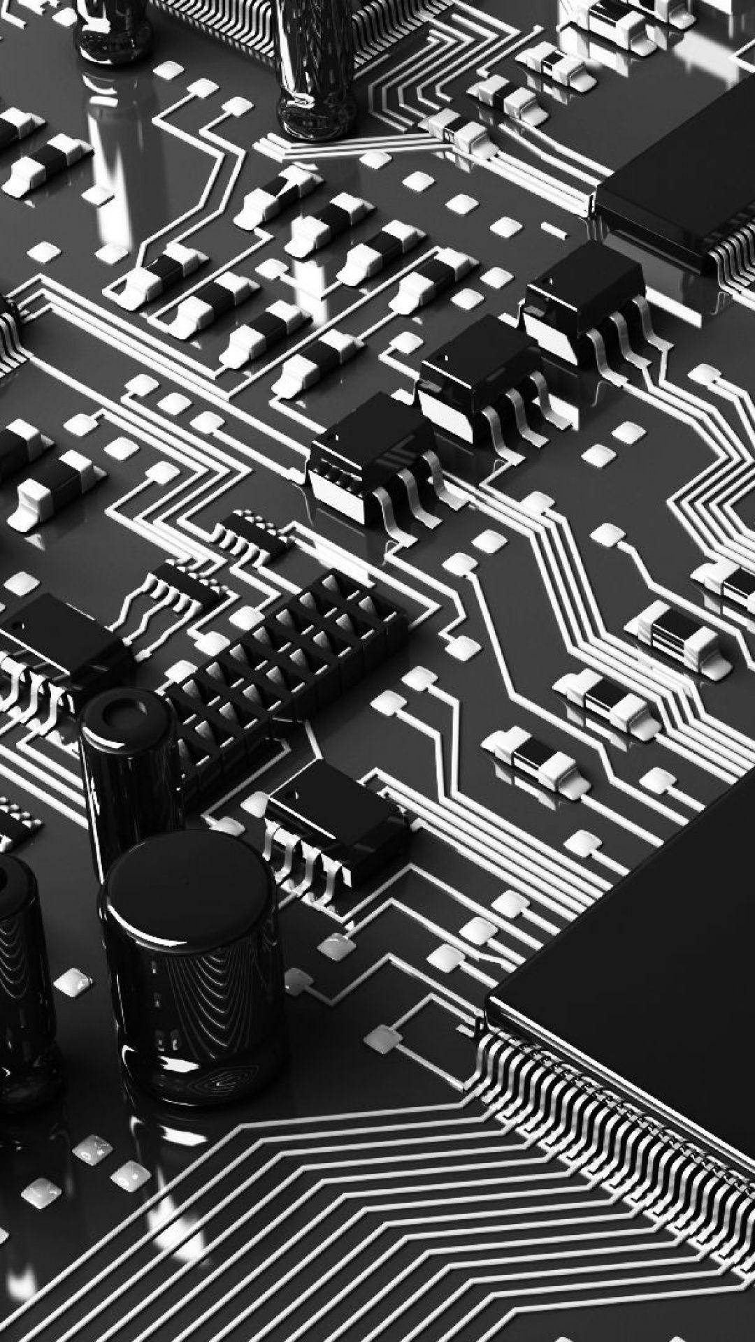 灰階電腦主機板 壁紙 — 高對比度黑白特寫，展示細節豐富的電子電路板，帶有光澤元件和複雜線路。