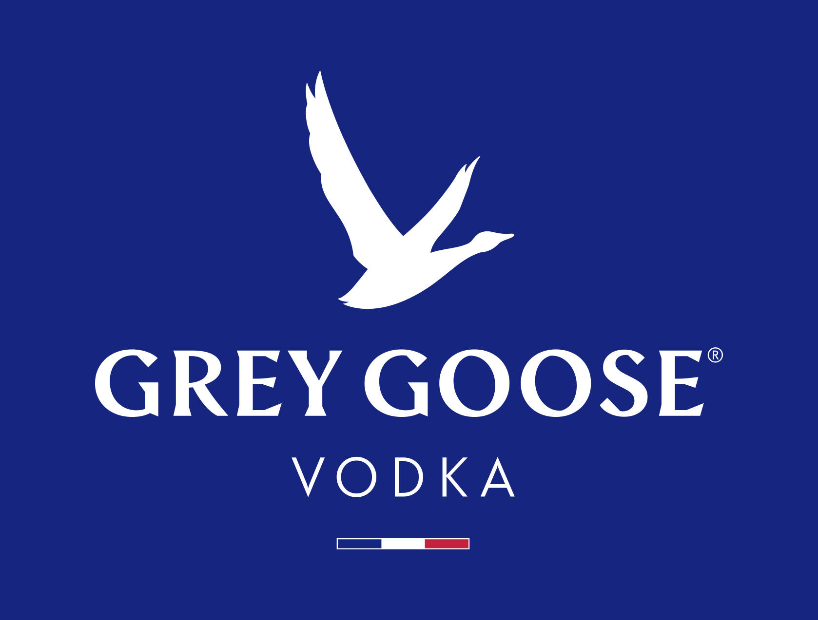 藍色背景上帶有白色鵝剪影的 Grey Goose Vodka 標誌。