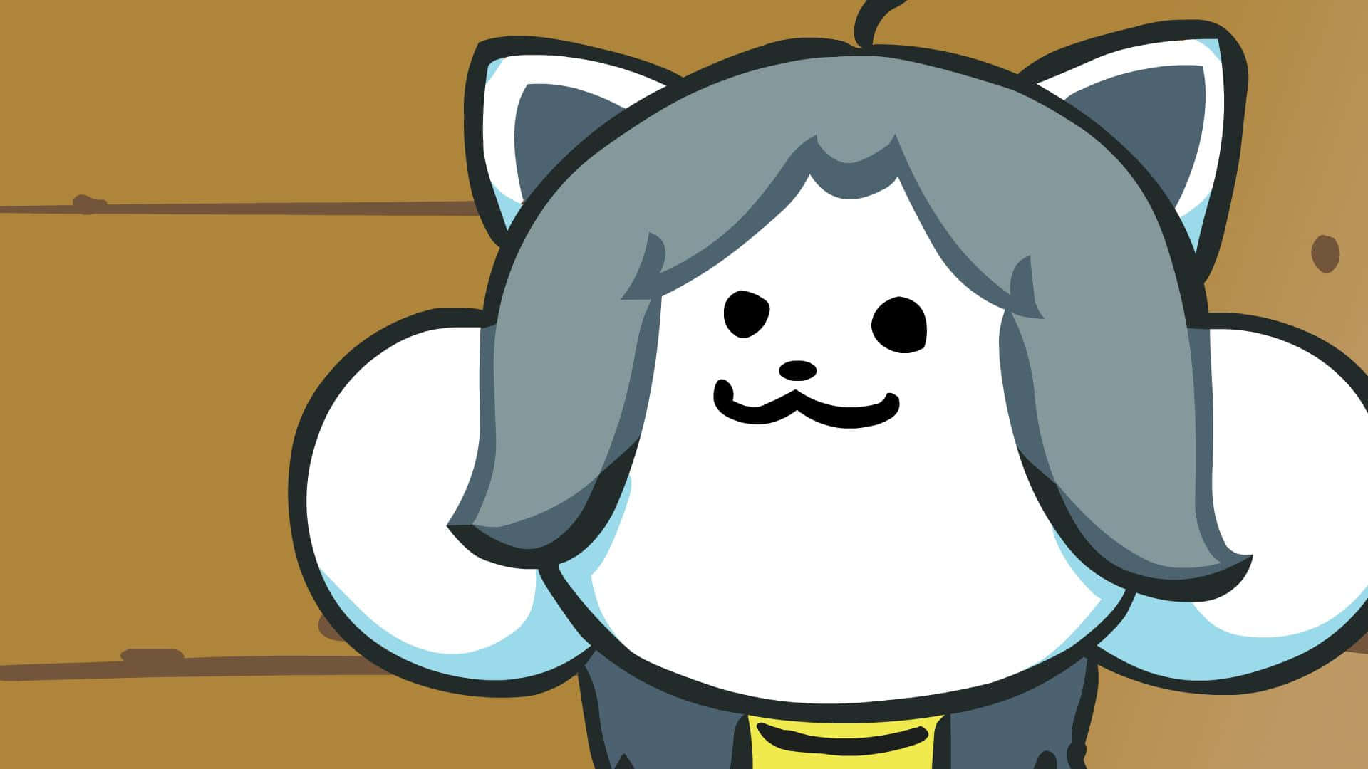灰髮Temmie Undertale 壁紙 — 一隻可愛嘅卡通貓，灰色毛髮同大耳朵，喺木背景前微笑。