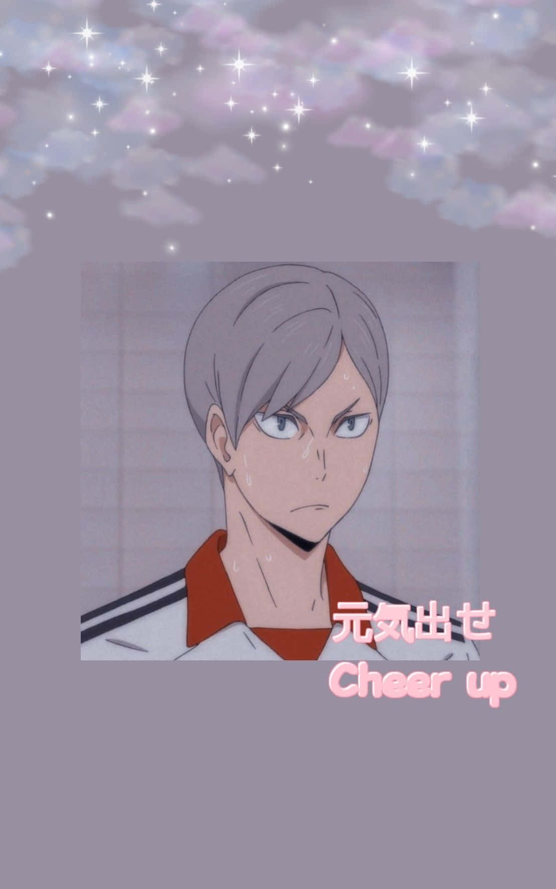 Lev Haiba 桌布 壁紙 — 灰髮動畫男孩在閃爍的粉彩天空下展現堅定表情，附有勵志文字。
