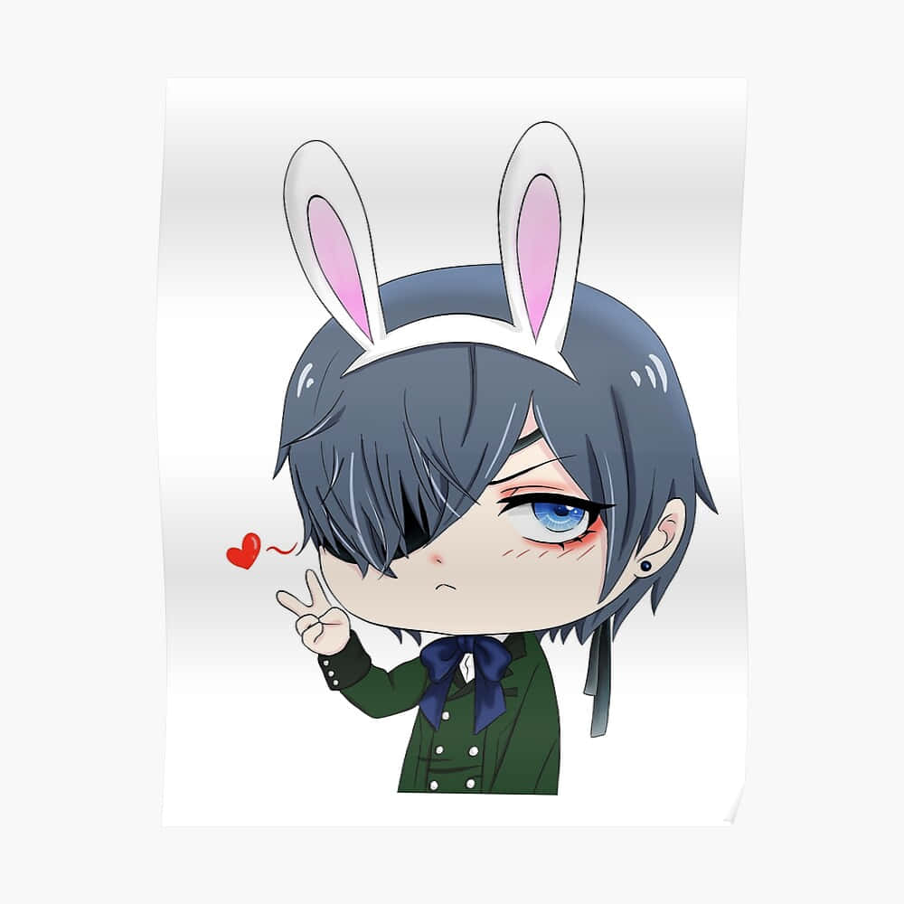 Ciel Phantomhive 桌布 壁紙 — 灰髮藍眼兔耳Q版動畫男孩，在臉旁比出和平手勢，並有一顆心漂浮在附近。