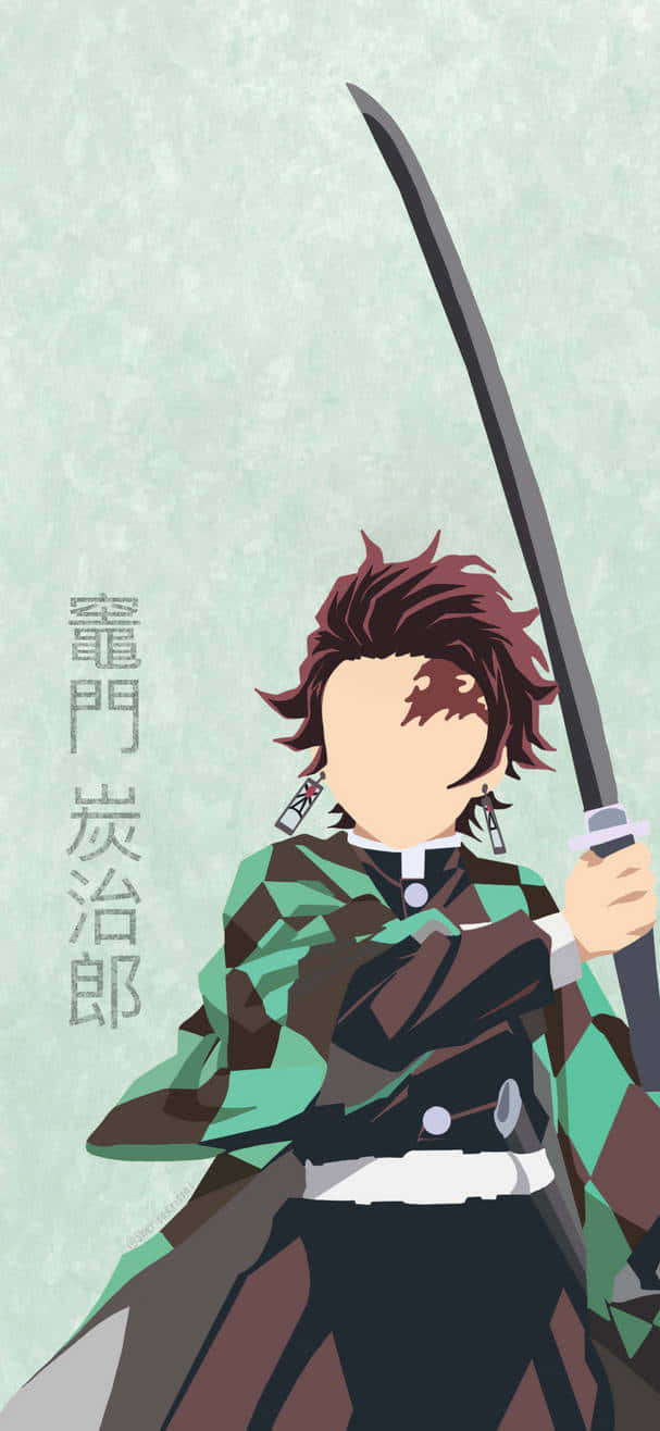灶門炭治郎 - 準備戰鬥 壁紙 — 動畫角色竈門炭治郎身穿綠色和棕色格紋和服，在淺綠色紋理背景前手持長劍。