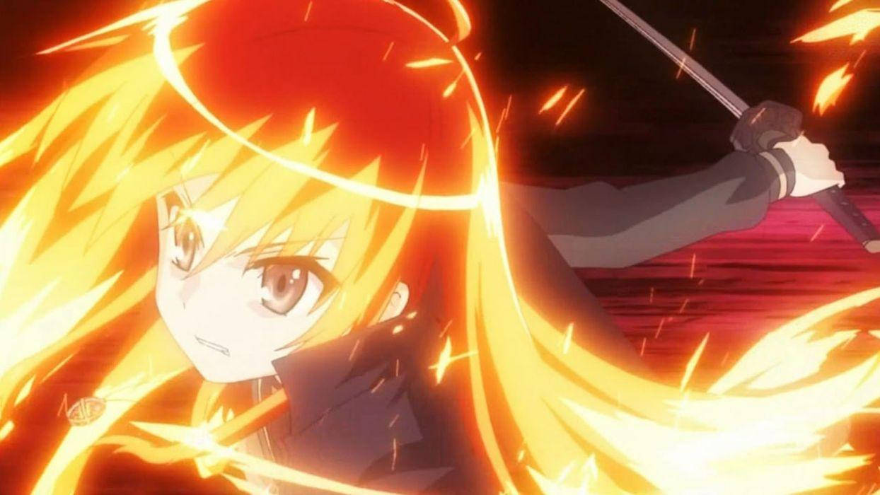 《灼眼的夏娜》夏娜金色火 Anime 壁紙 — 一位火紅頭髮的動漫女孩在黑暗背景下揮舞著發光的劍，伴隨著爆炸性的橙色火花。