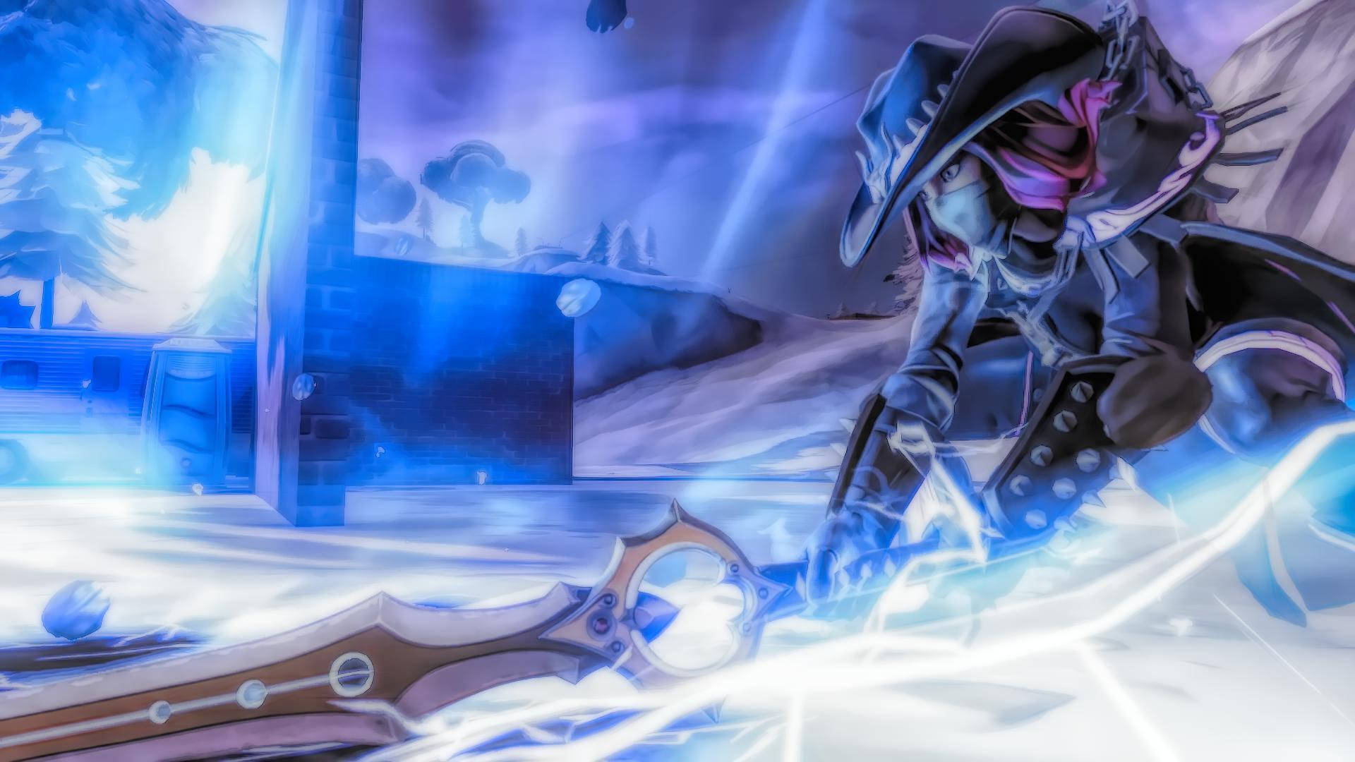 災難（Calamity）《Fortnite》魔法劍 壁紙 — 一個戴著牛仔帽的面具動漫角色，在雪地、藍色燈光的城市廢墟中揮舞著發光的劍。