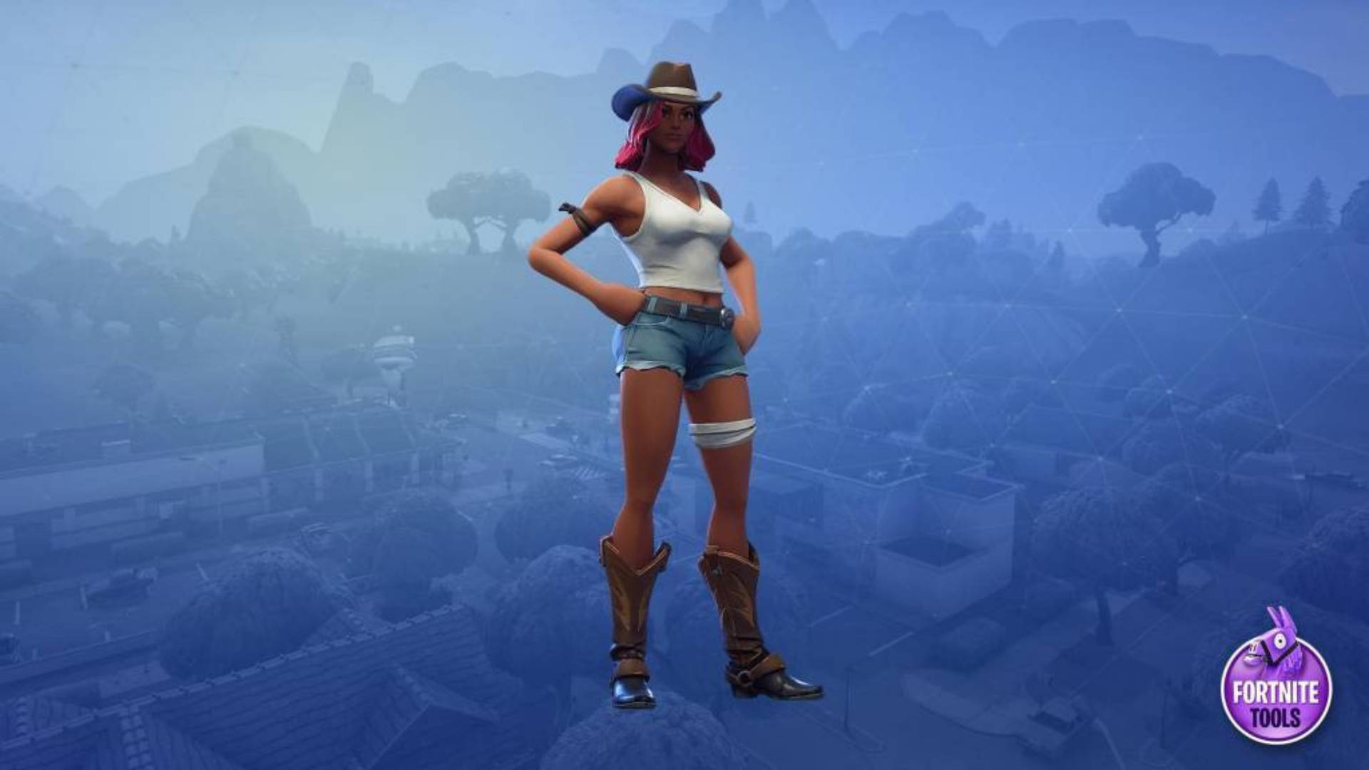 災難（Calamity）《Fortnite》基礎裝扮 壁紙 — 一個戴著牛仔帽和靴子的Fortnite角色自信地站在岩石露頭上，俯瞰霧氣瀰漫的山景。