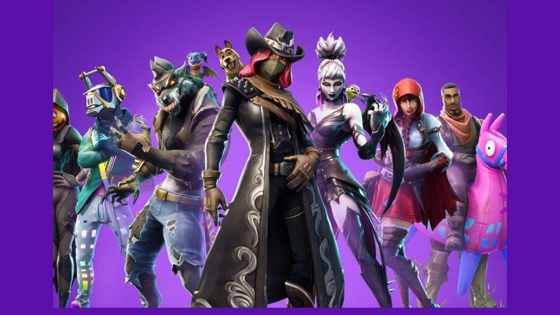 災難（Calamity）《Fortnite》第六季皮膚 壁紙 — 一群充滿活力的《要塞英雄》角色穿著時尚服裝，在純紫色背景前自信地擺姿勢。