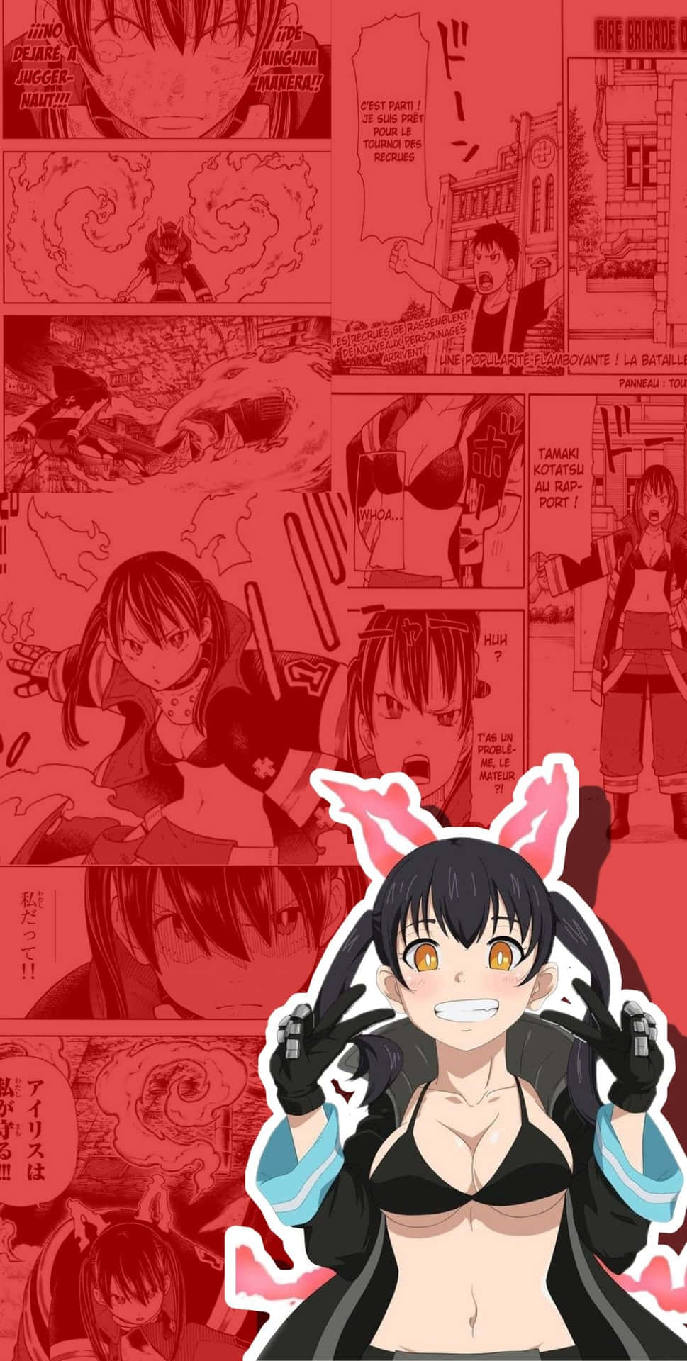 《炎炎消防隊》坂本漫畫風格 壁紙 — 一個開心的動漫女孩，戴著兔耳並手持槍枝，站在紅色調的漫畫面板拼貼前。