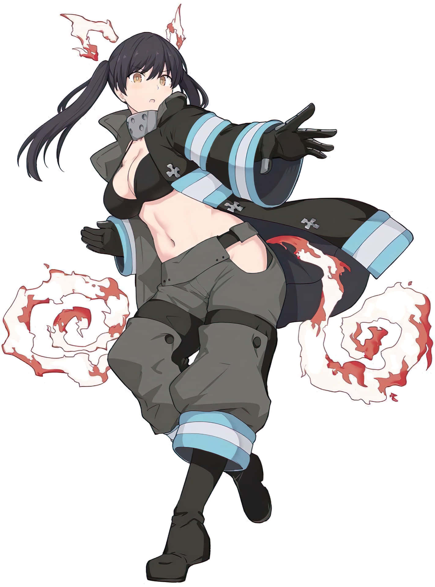 《炎炎消防隊》高田真希白色主題單人圖 壁紙 — 穿著消防員服裝的動漫女孩，紅色和白色的火焰效果在她動態姿勢周圍旋轉。