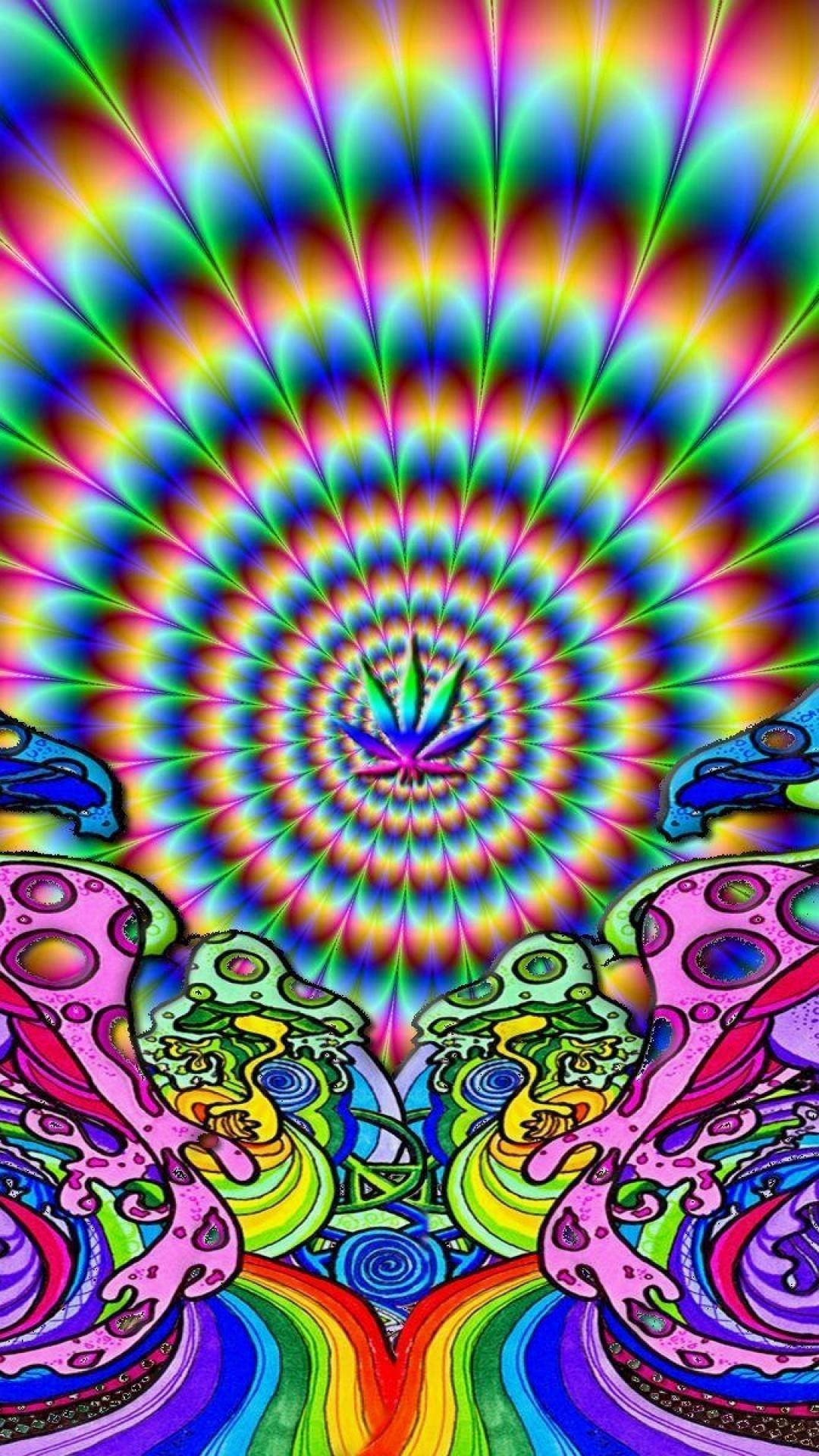 以大麻葉為中心的迷幻彩虹螺旋和超現實的有機形狀。