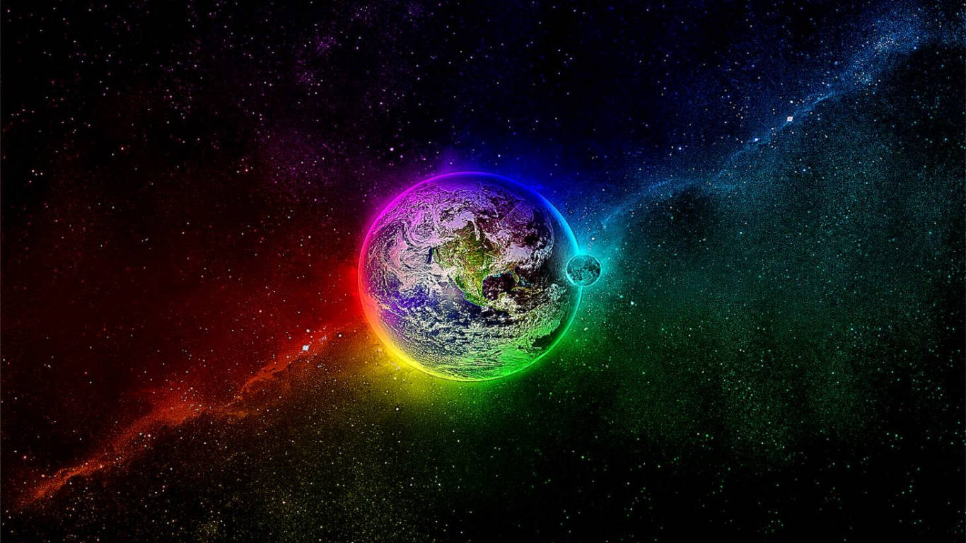 炫彩地球圖 壁紙 — 一道充滿活力的彩虹光環圍繞著地球，漂浮在繁星點點的宇宙虛空中，色彩繽紛的星雲掠過。