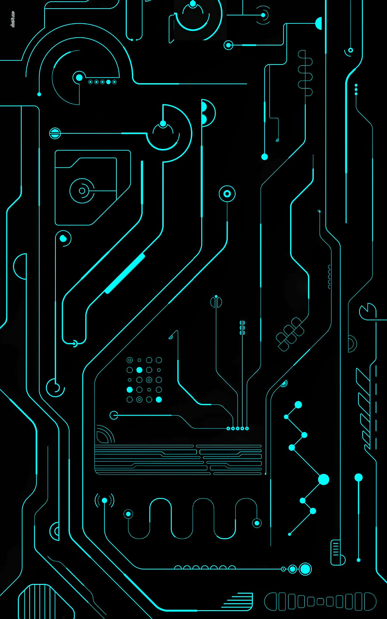 炫彩賽博超級AMOLED 壁紙 — 黑色背景上發光的青色電路板圖案，帶有複雜的數位路徑和元件。