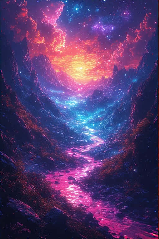 炫彩霓虹風景，4K畫質 壁紙 — 一條發光的粉紅色和藍色光河流，在熾熱的宇宙日落下流過佈滿星星的峽谷。