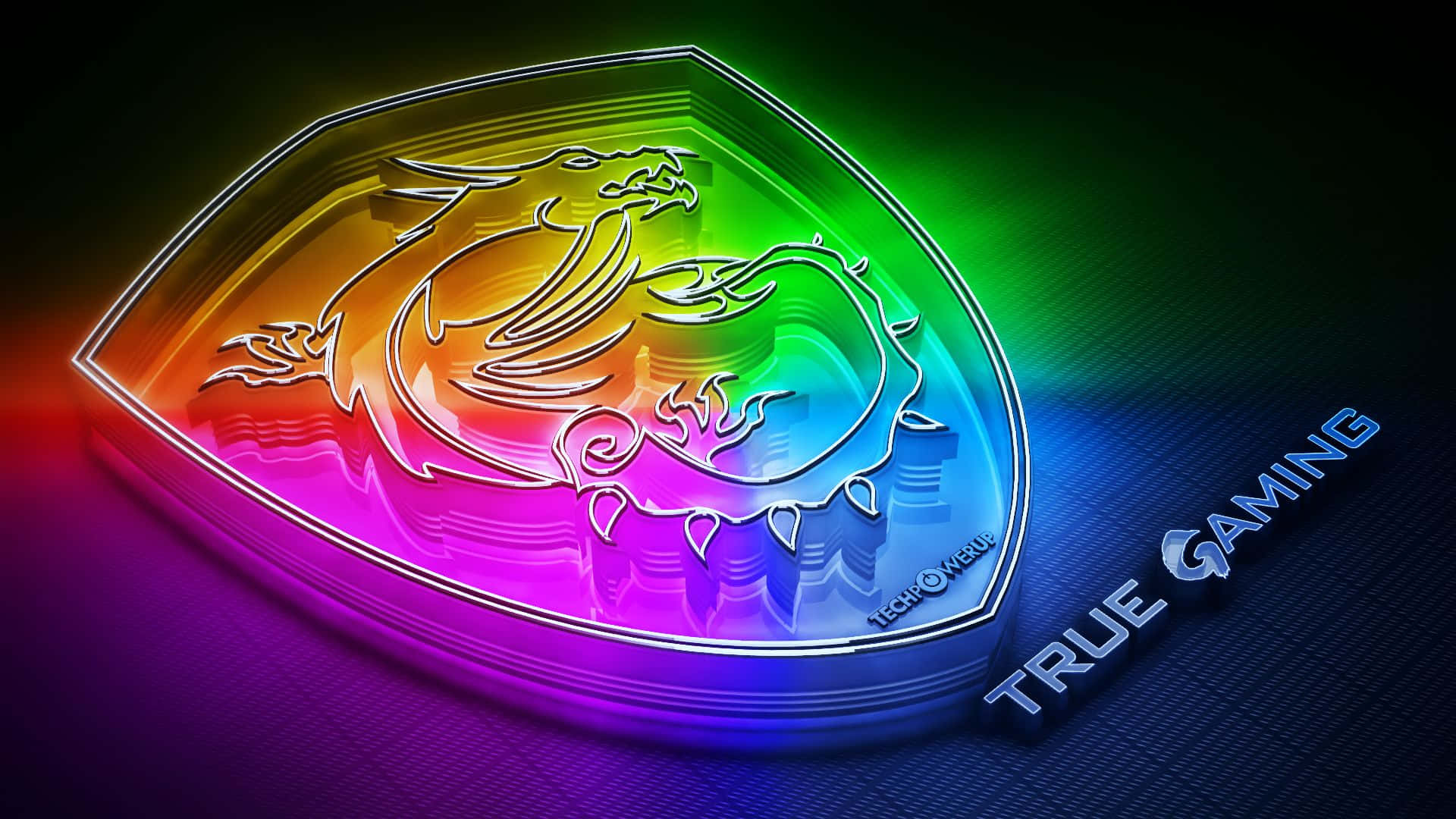 發光的MSI龍標誌，帶有彩虹燈光和True Gaming文字。