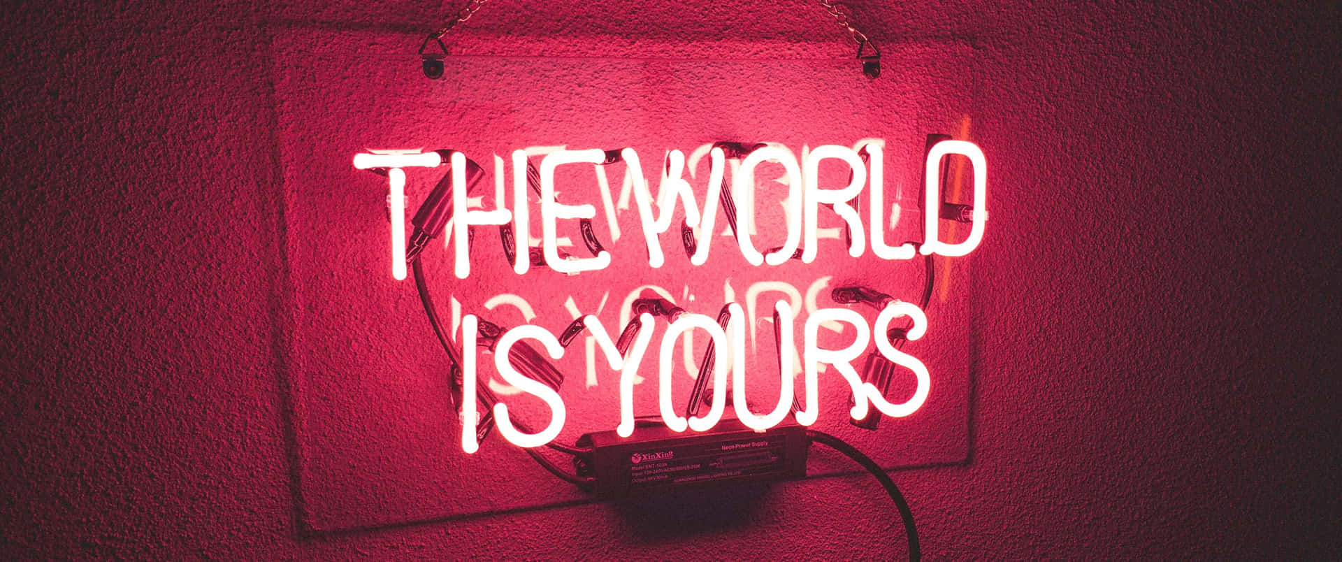 一個紅色霓虹燈牌，白色字體寫著「THE WORLD IS YOURS」，安裝在牆上。