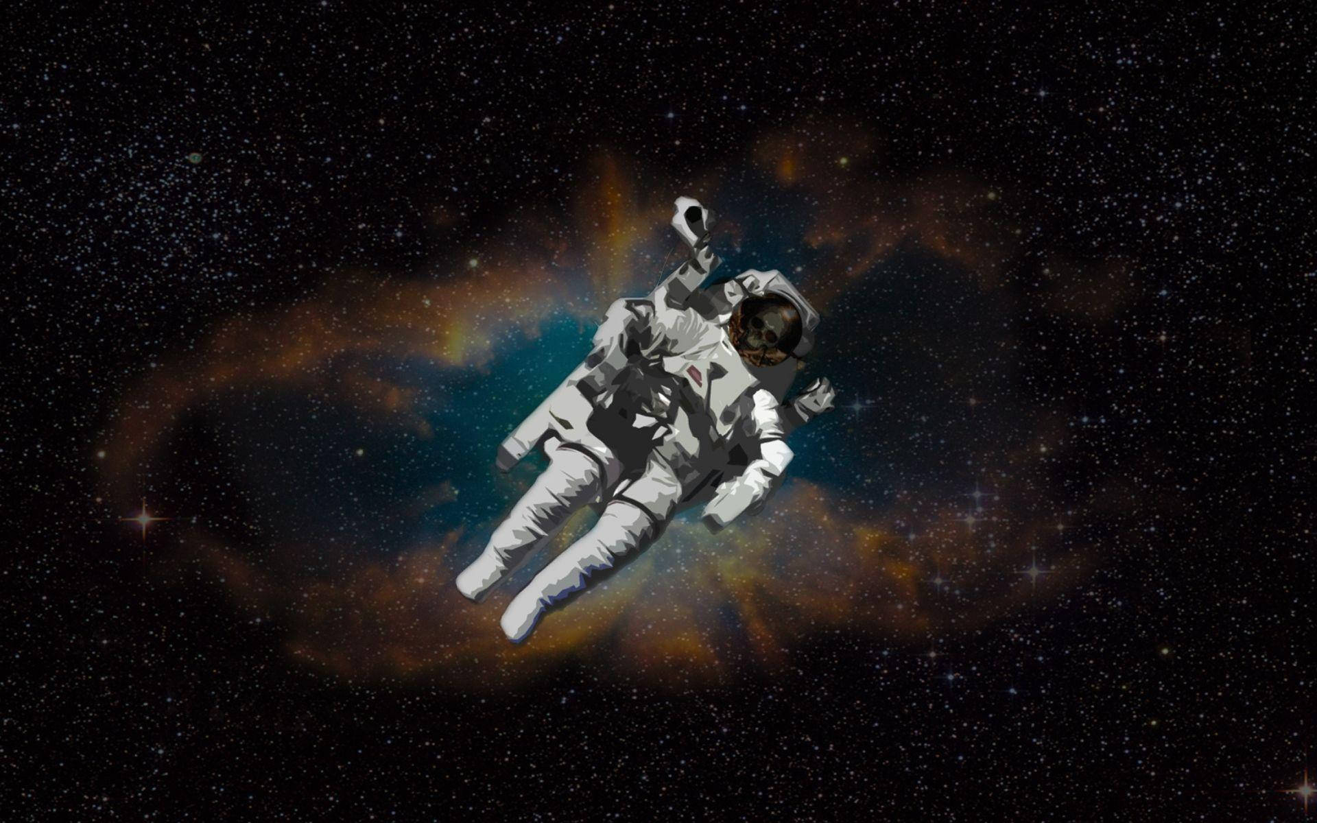太空人在深空中飄過色彩繽紛的星雲