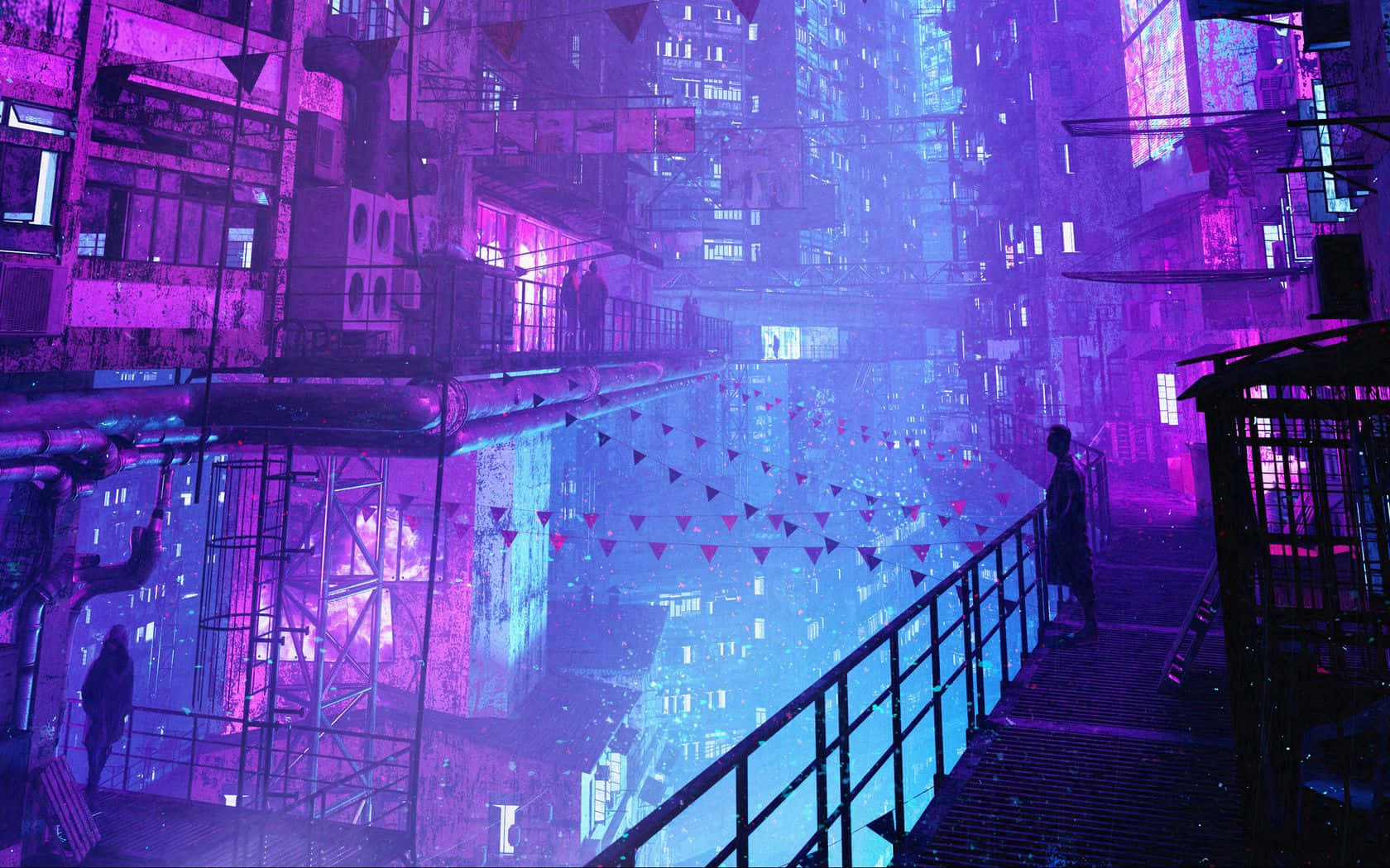 夜晚，在未來城市中，一個人走在霓虹燈照亮的高架步道上。