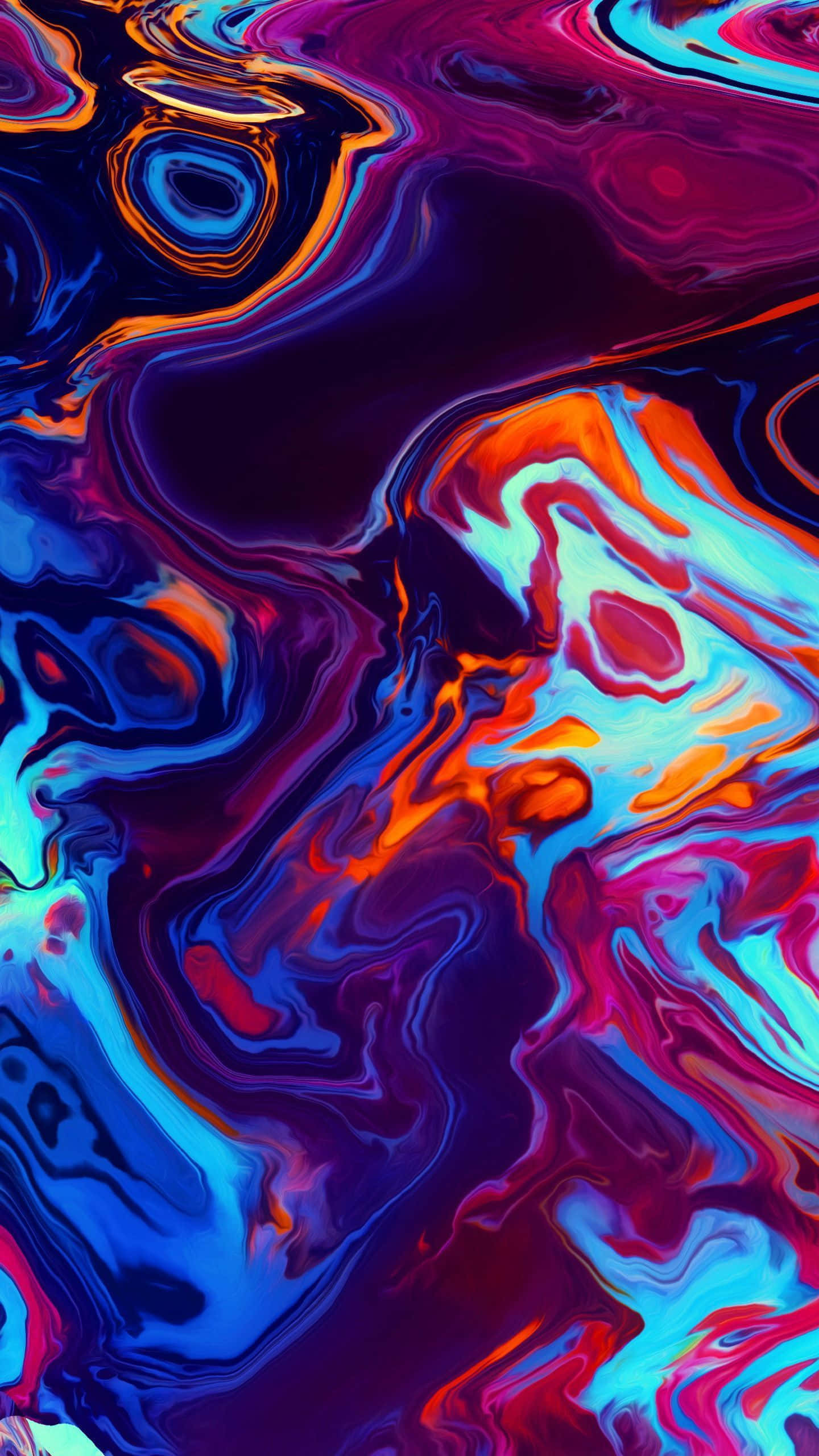 炫目科技展現：iPhone 11 高清特寫 壁紙 — 充滿活力的旋轉抽象圖案，電光藍、洋紅和橙色在深色背景上像液體霓虹燈一樣流動。