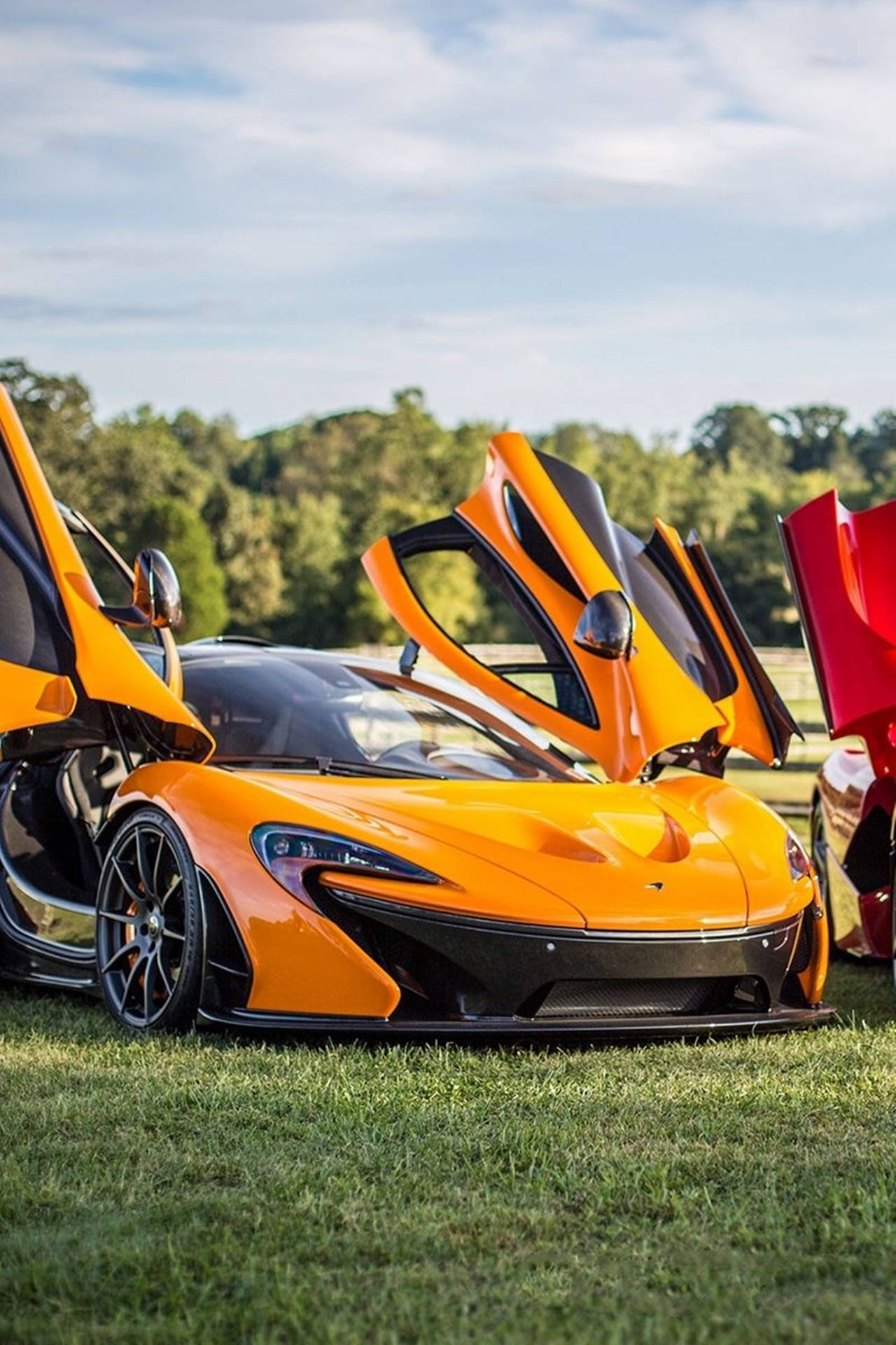 橙色McLaren跑車，鷗翼門打開，停在草地上。