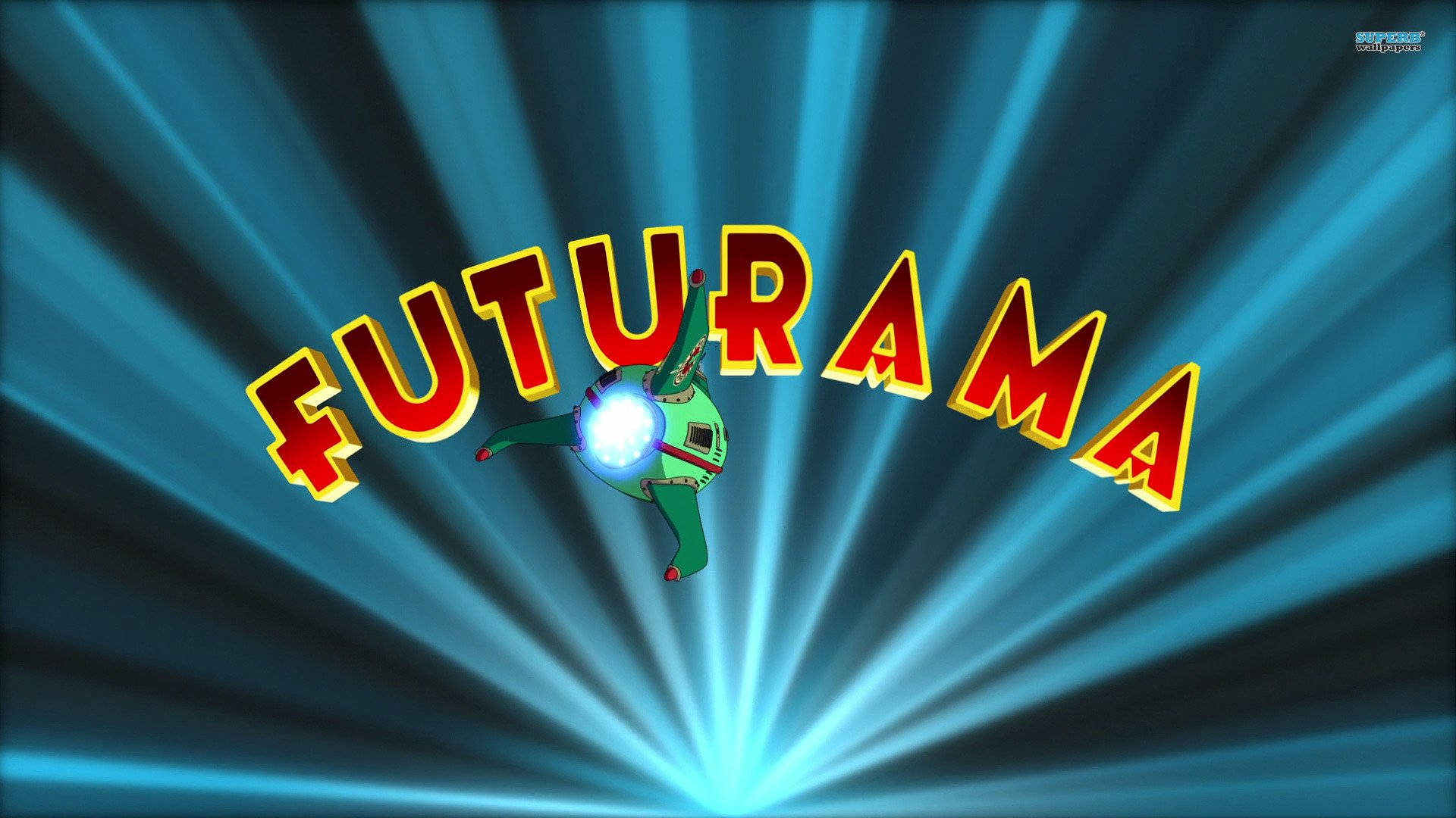 Futurama機械人帶著發光球體在藍色光線中飛行。
