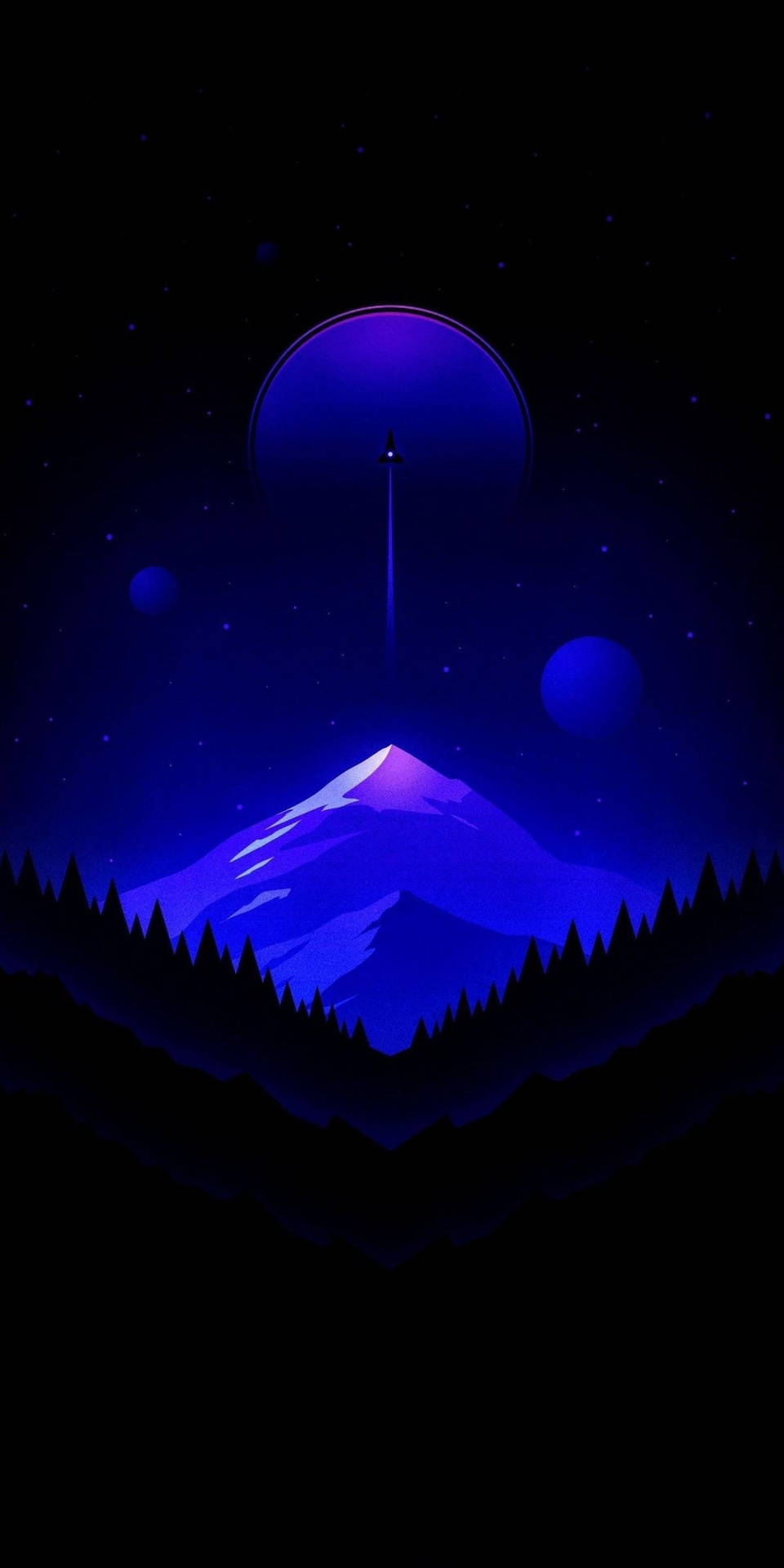 發光月亮下的紫色山峰，帶有漂浮球體和星星