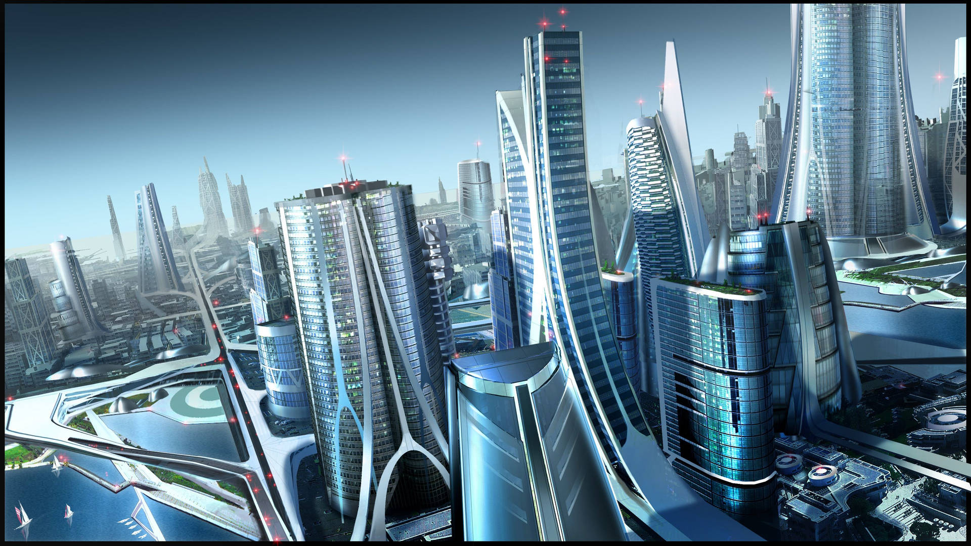 未來城市，高聳的玻璃建築和彎曲的高速公路在藍天下。
