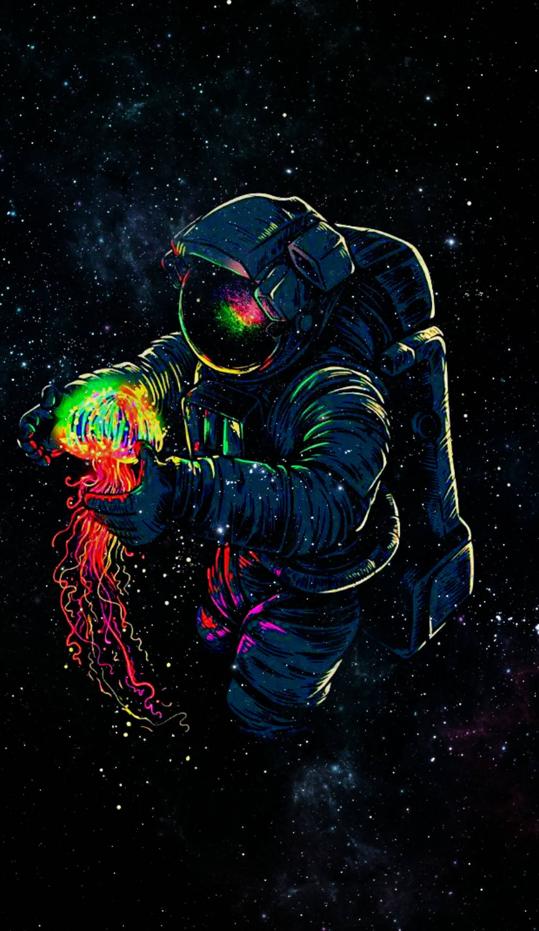太空人漂浮在太空中，手持發光霓虹水母。