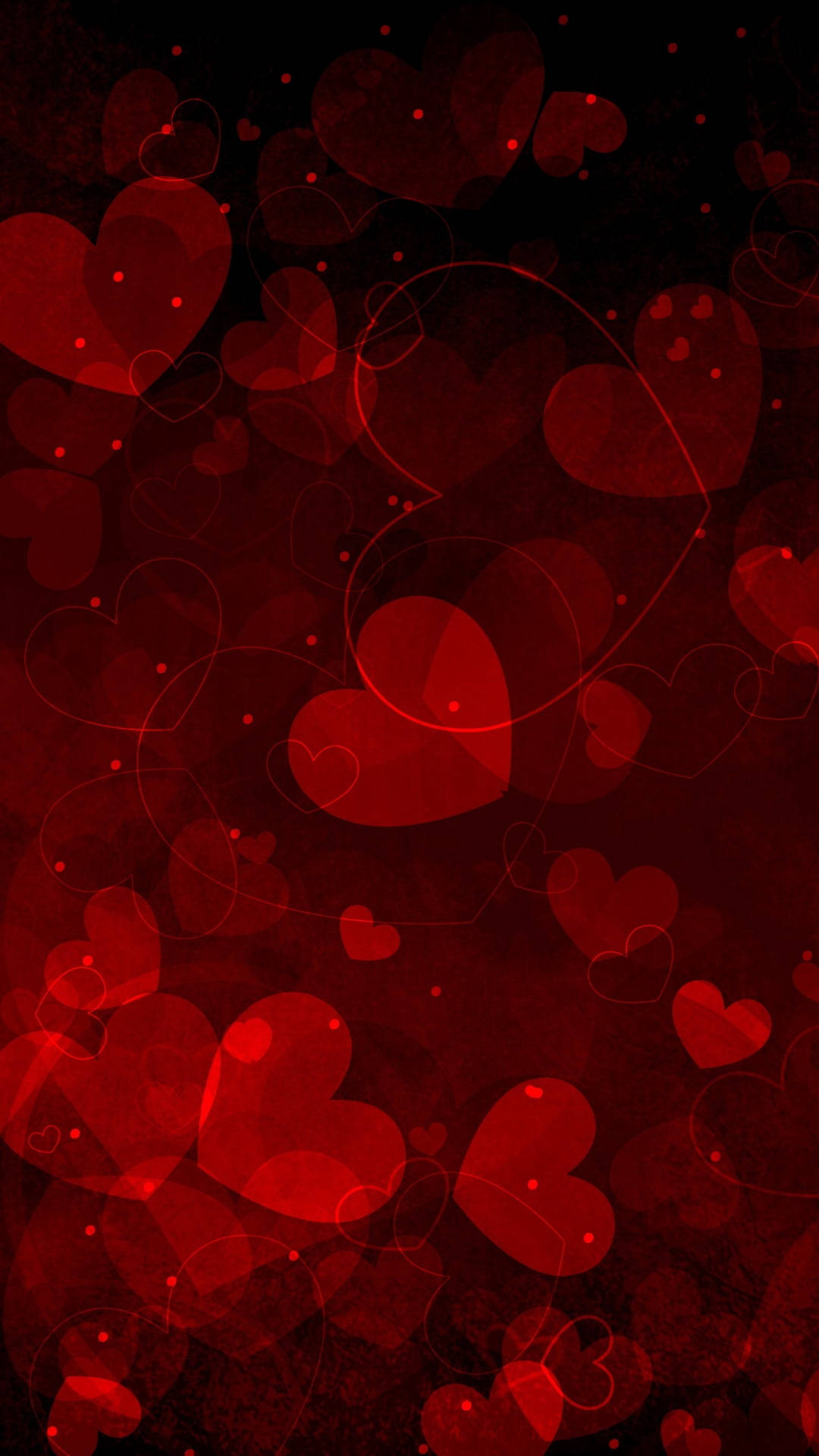紅色心形在帶有散景燈光的深色浪漫背景中漂浮。