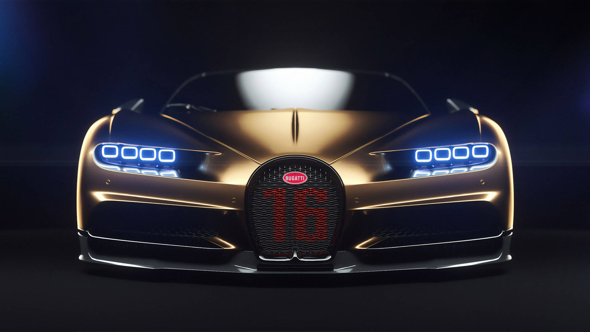 金色Bugatti超跑的前視圖，頭燈亮起，紅色格柵上有數字16。