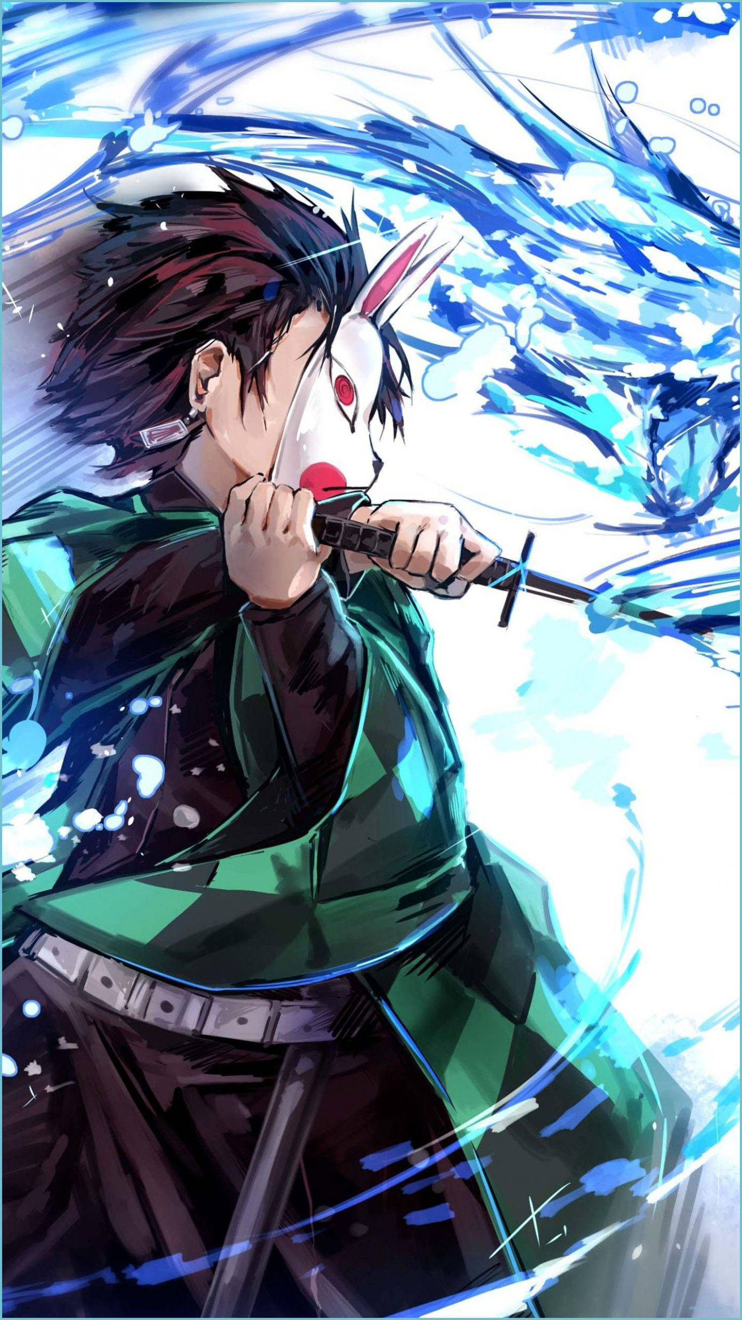 炭治郎 PFP 恆常流 壁紙 — 一位戴著兔子面具的動漫戰士在旋轉的藍色水和飛濺中揮舞著劍。
