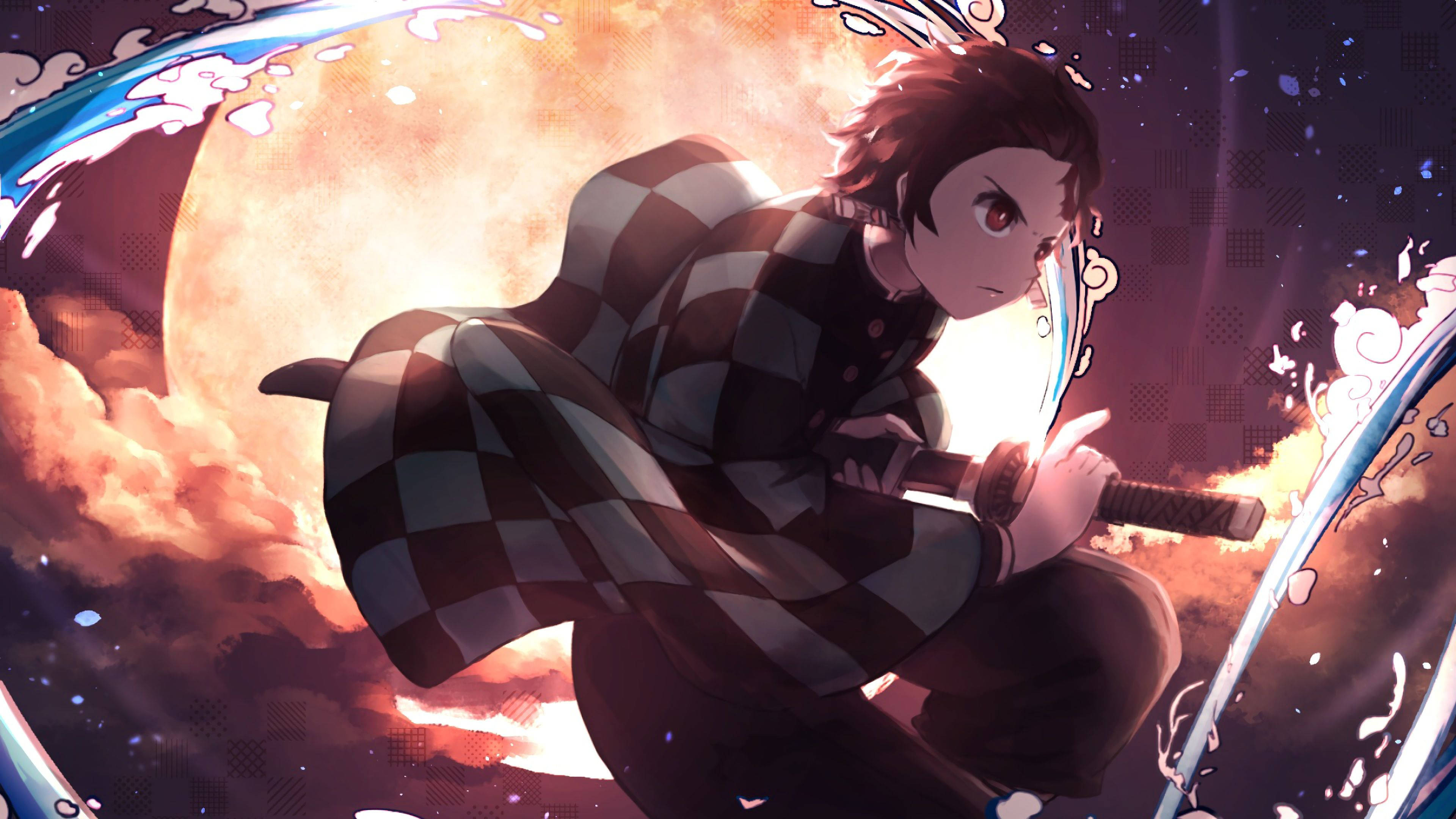 炭治郎 PFP 月光藝術 壁紙 — 一位堅定的動漫戰士穿著格紋和服，在熾熱的夕陽背景下揮舞著發光的劍。