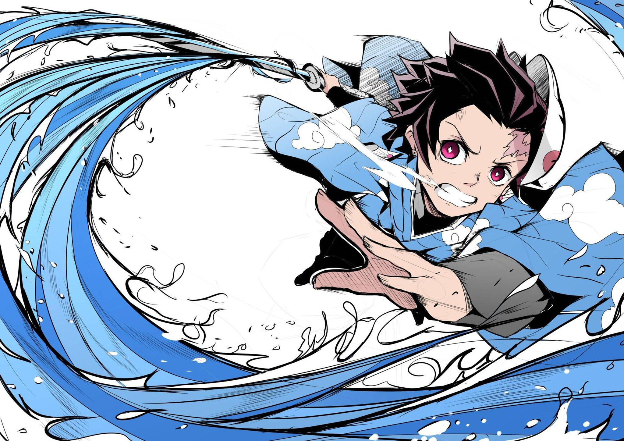 炭治郎水之呼吸PFP 壁紙 — 一個堅定的動漫男孩穿著藍色和服，用劍劈開旋轉的水，眼睛燃燒著兇猛的能量。