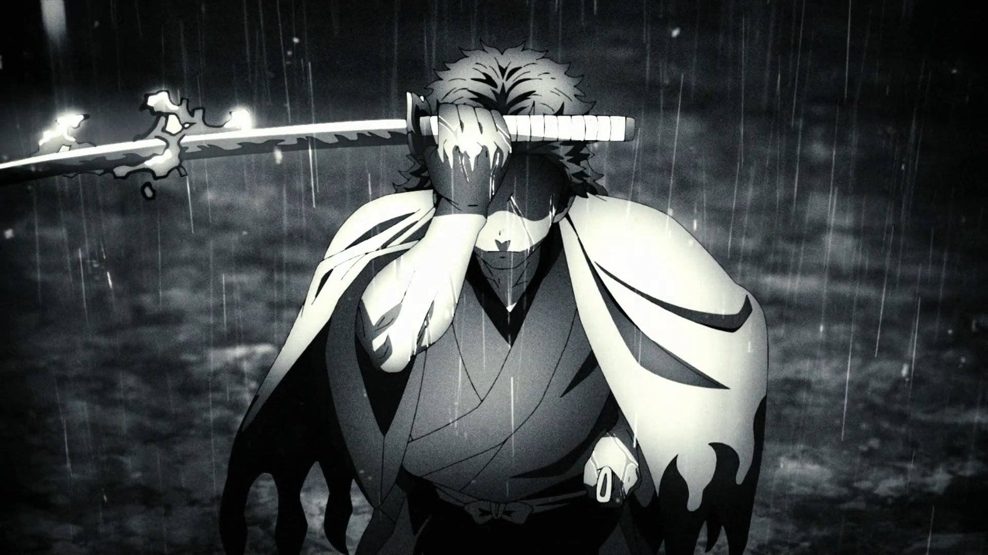 動漫戰士在雨中持劍，身穿深色斗篷，臉部被遮蓋。