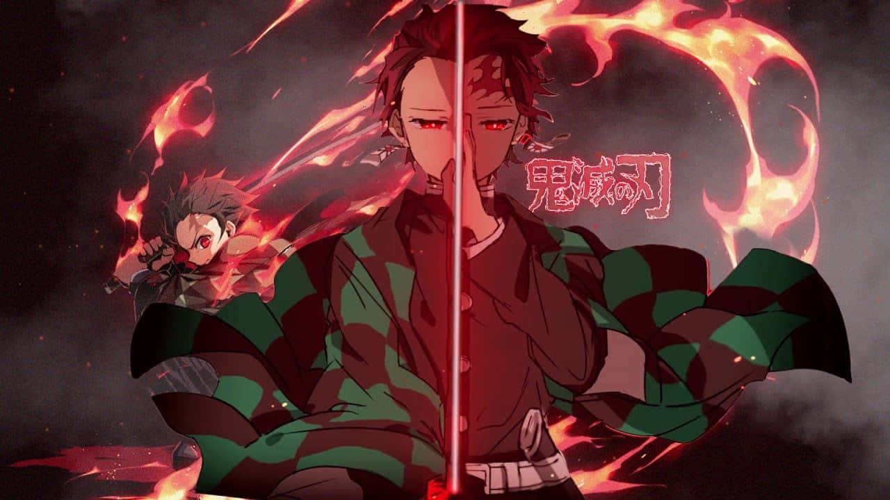 動漫角色，紅眼睛，穿著綠色格子和服，被火焰包圍。