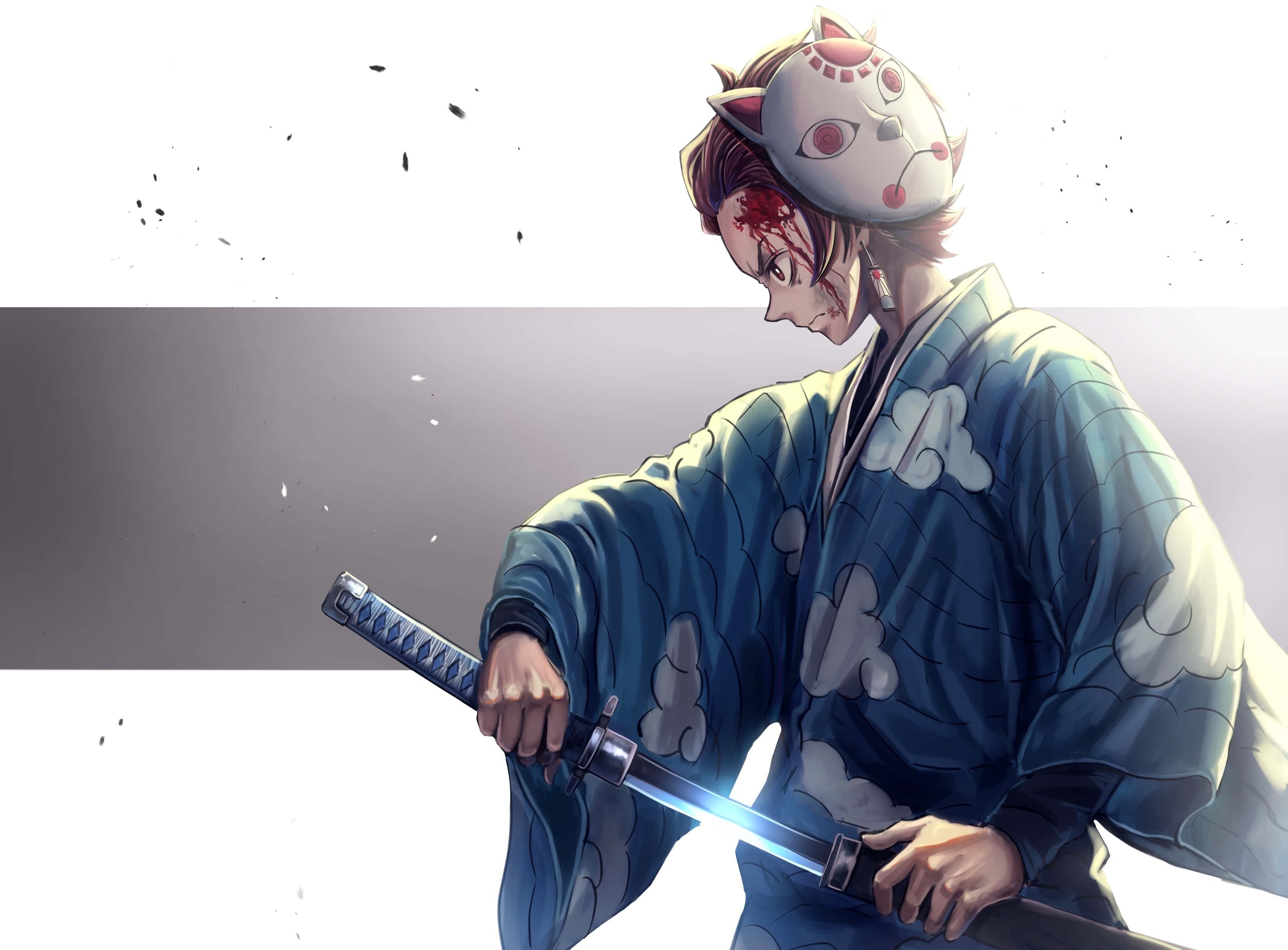 炭治郎踏上鬼殺隊之路 壁紙 — 一位身穿藍色雲紋和服的武士戰士揮舞著一把發光的劍，同時戴著額頭上有血的貓面具。