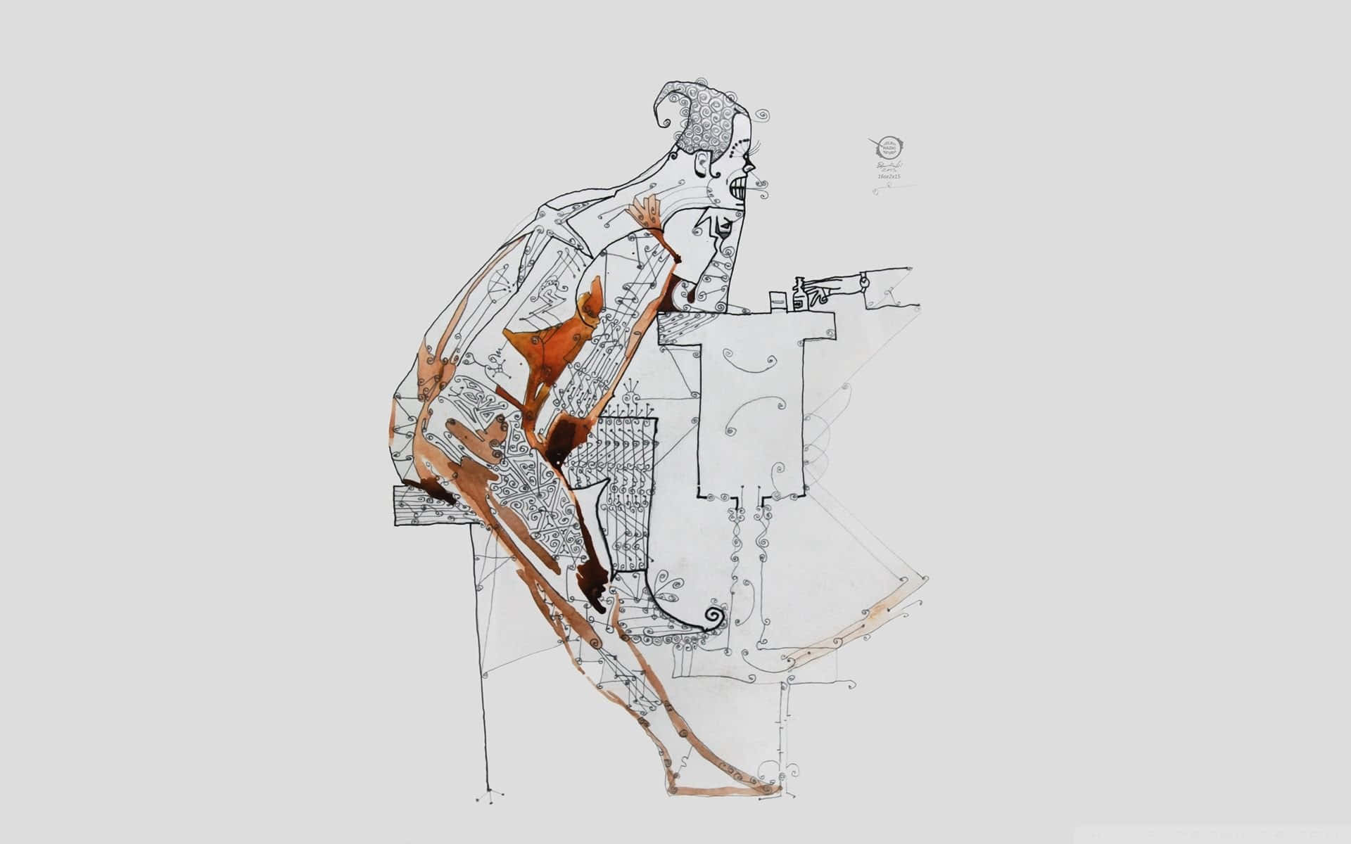 一個坐著人物的抽象線條藝術插圖，帶有橙色亮點。