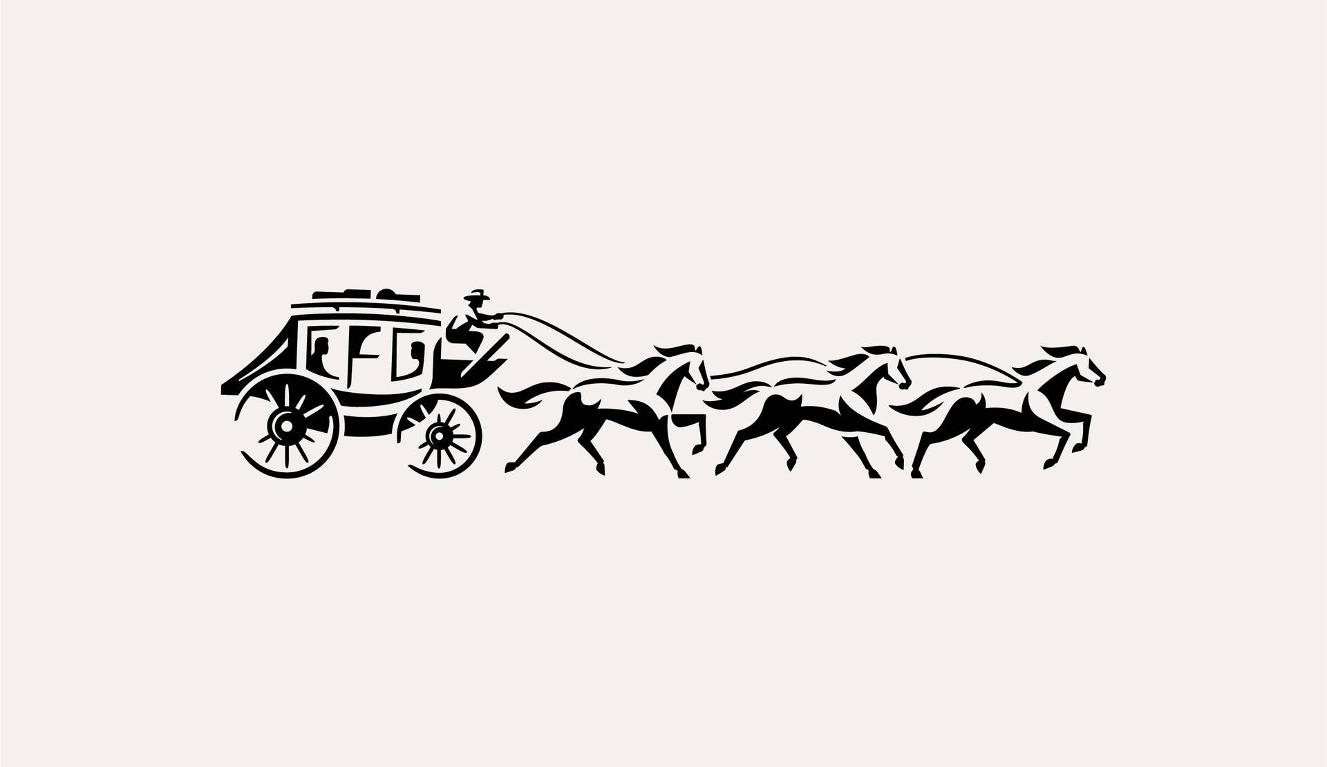 米色背景上，四匹奔跑的馬拉著驛馬車的黑色剪影。